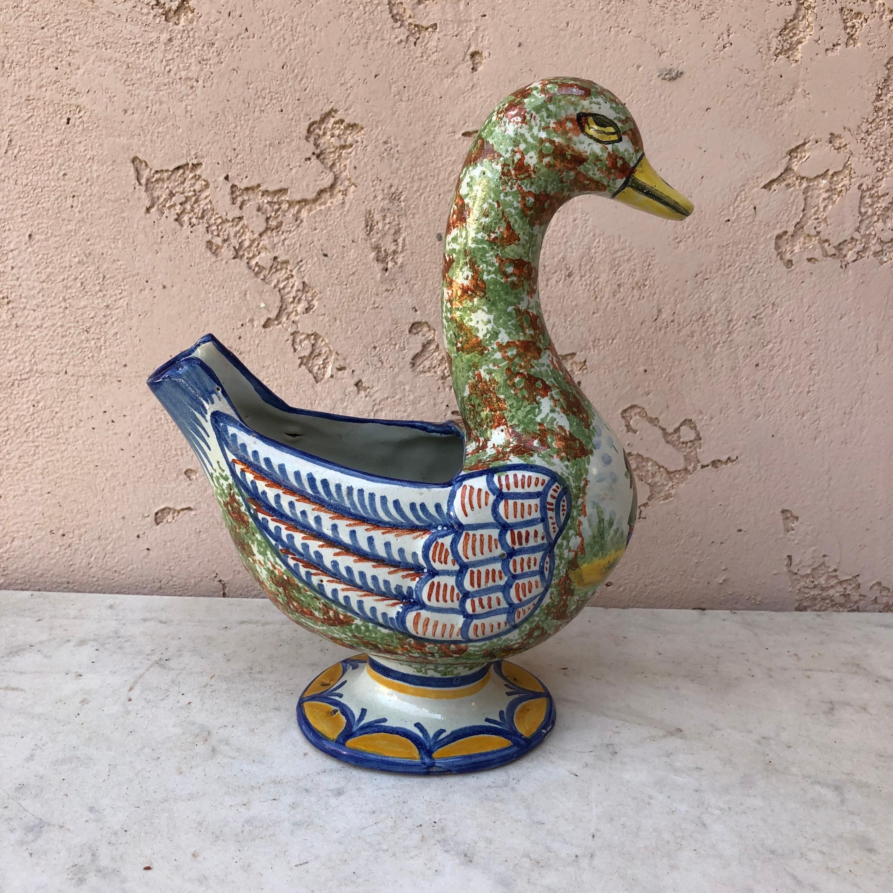 Rustic Unusual French Faience Duck Vase Quimper Hubaudiere, circa 1880