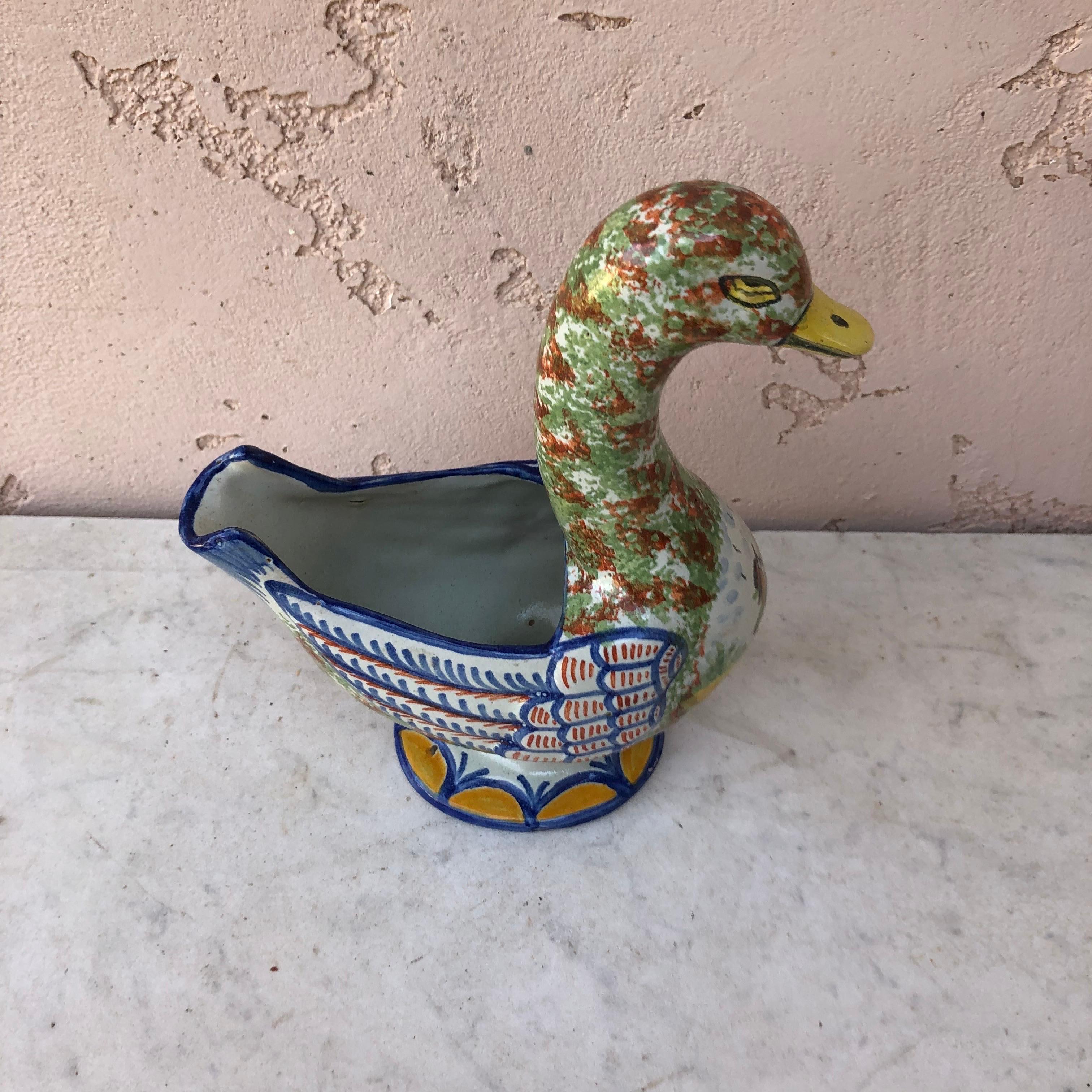 Unusual French Faience Duck Vase Quimper Hubaudiere, circa 1880 In Good Condition In Austin, TX