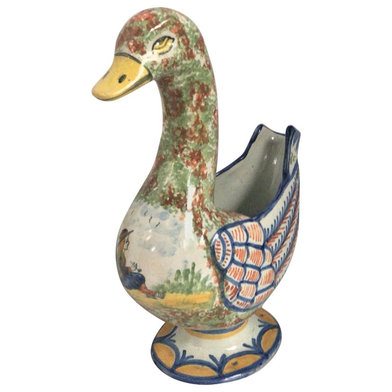 Unusual French Faience Duck Vase Quimper Hubaudiere, circa 1880 For