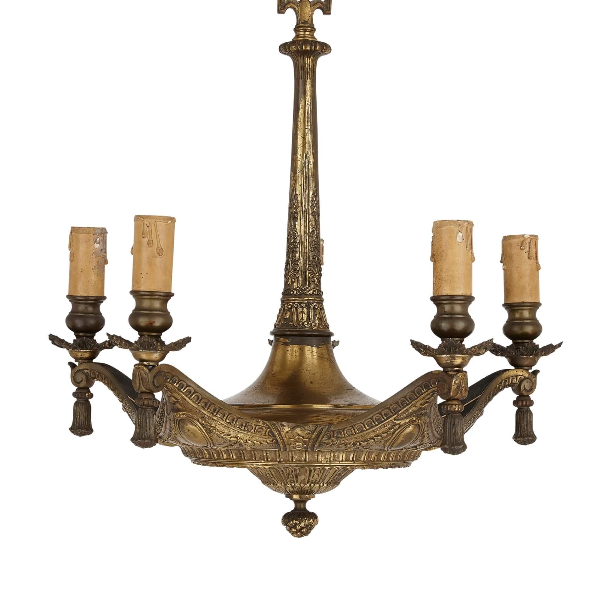 Unusual French Gilt Bronze Cushion-Form Chandelier In Good Condition For Sale In London, GB
