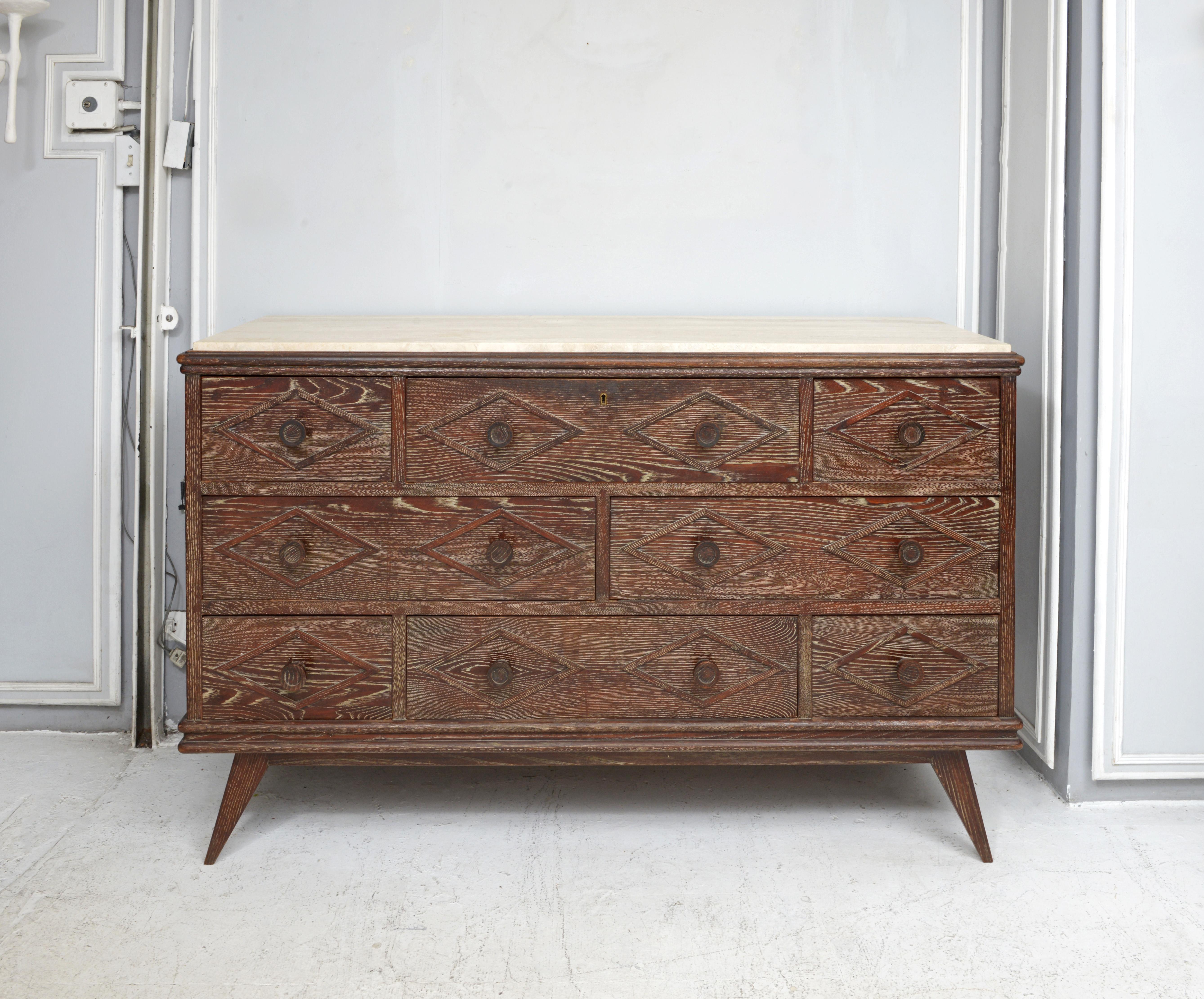 French midcentury cerused oak chest /cabinet with a marble top and multiple drawers.