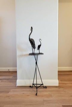 Mid-Century French Japonisme Bronze Crane Figures Iron Pedestal Sculpture