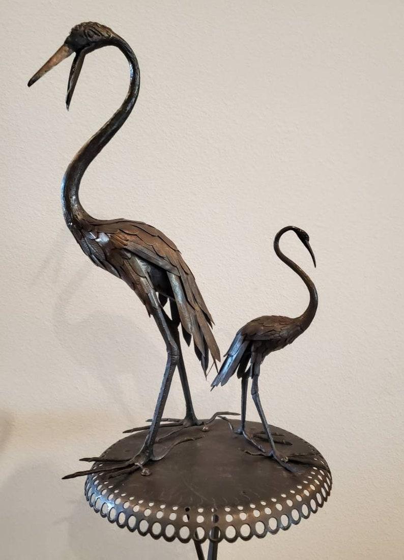 Mid-Century French Japonisme Bronze Crane Figures Iron Pedestal Sculpture In Fair Condition For Sale In Forney, TX