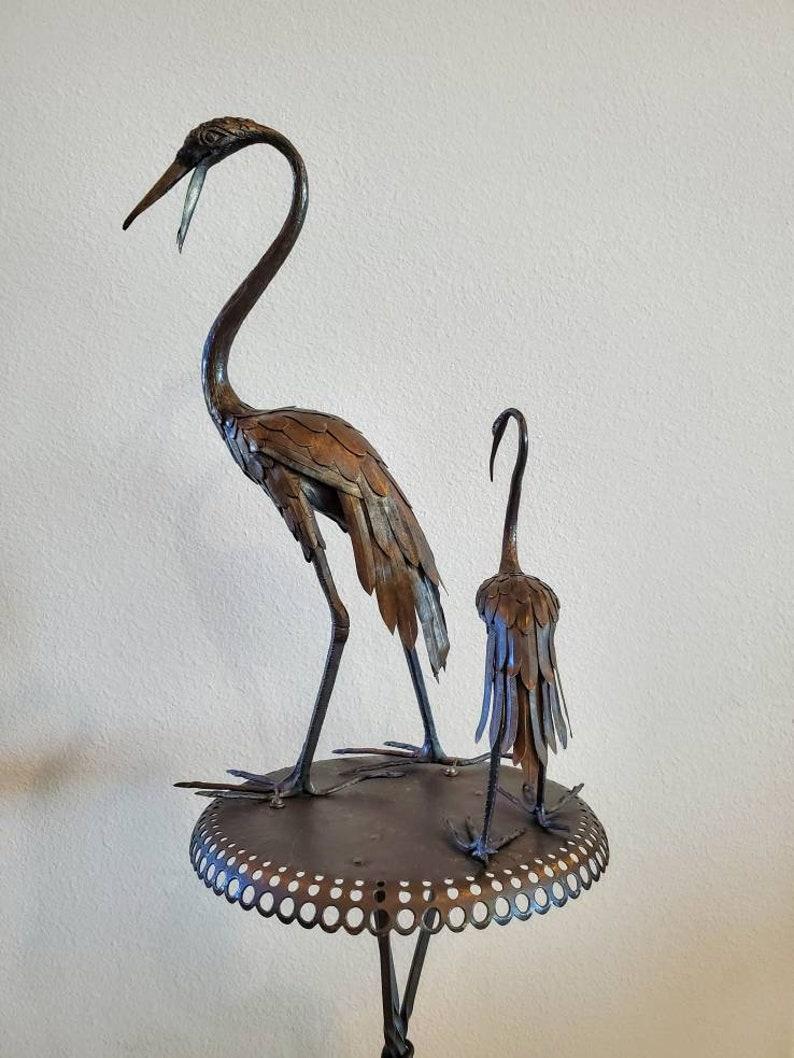 Mid-Century French Japonisme Bronze Crane Figures Iron Pedestal Sculpture For Sale 1