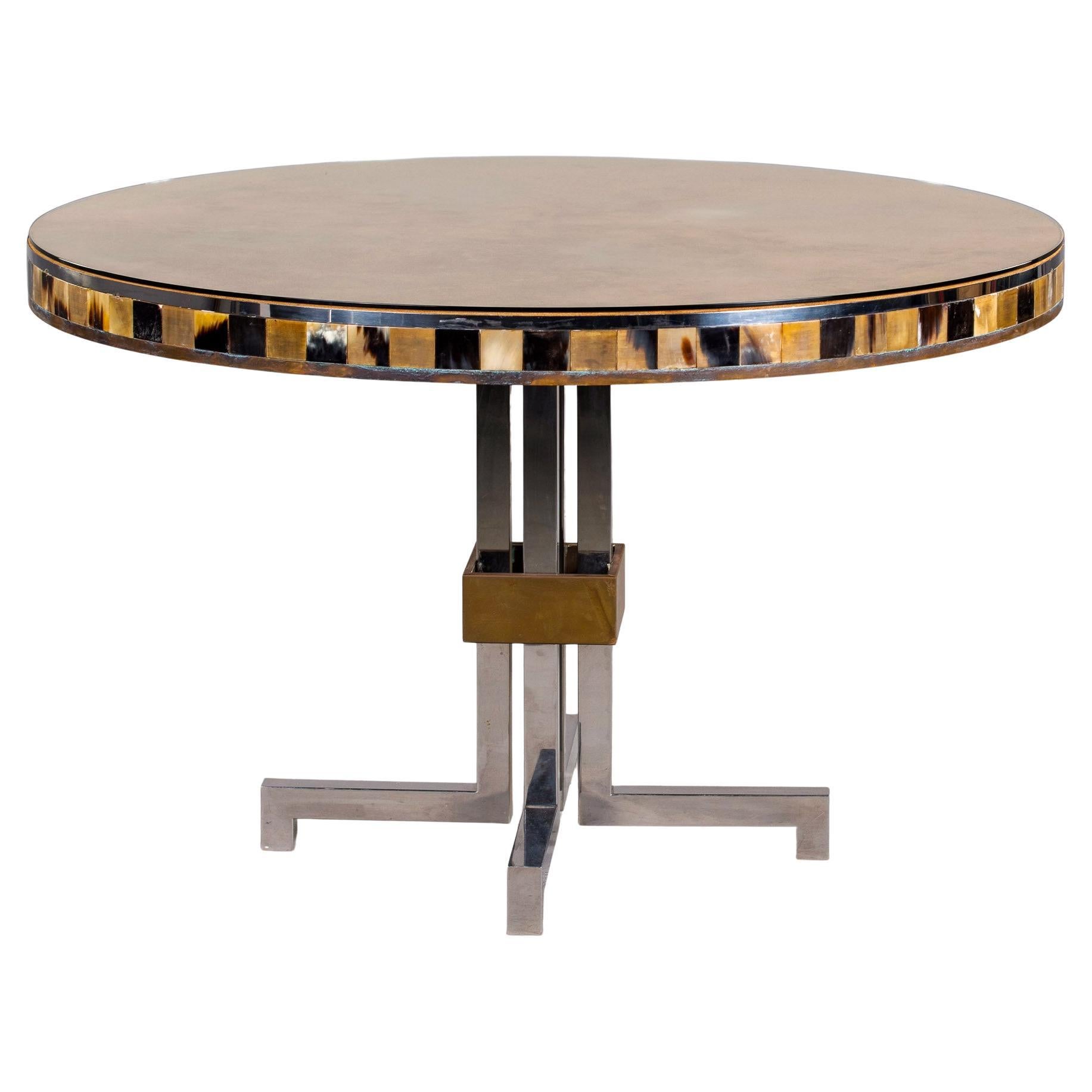 Unusual French Mid Century Suede-Topped Table with Chrome Base & Mosaic Sides