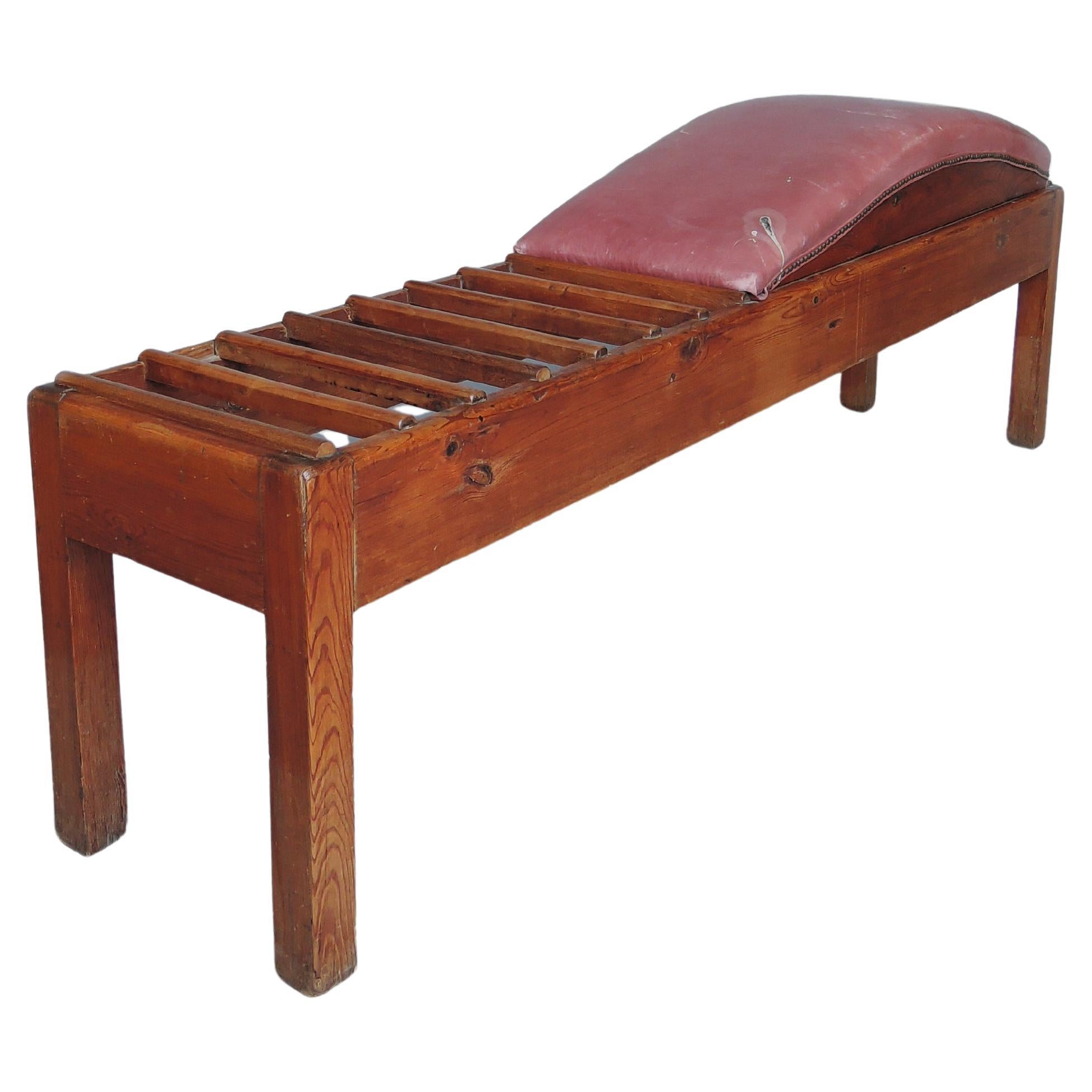 Unusual French Pine and Leather 1940s Bench