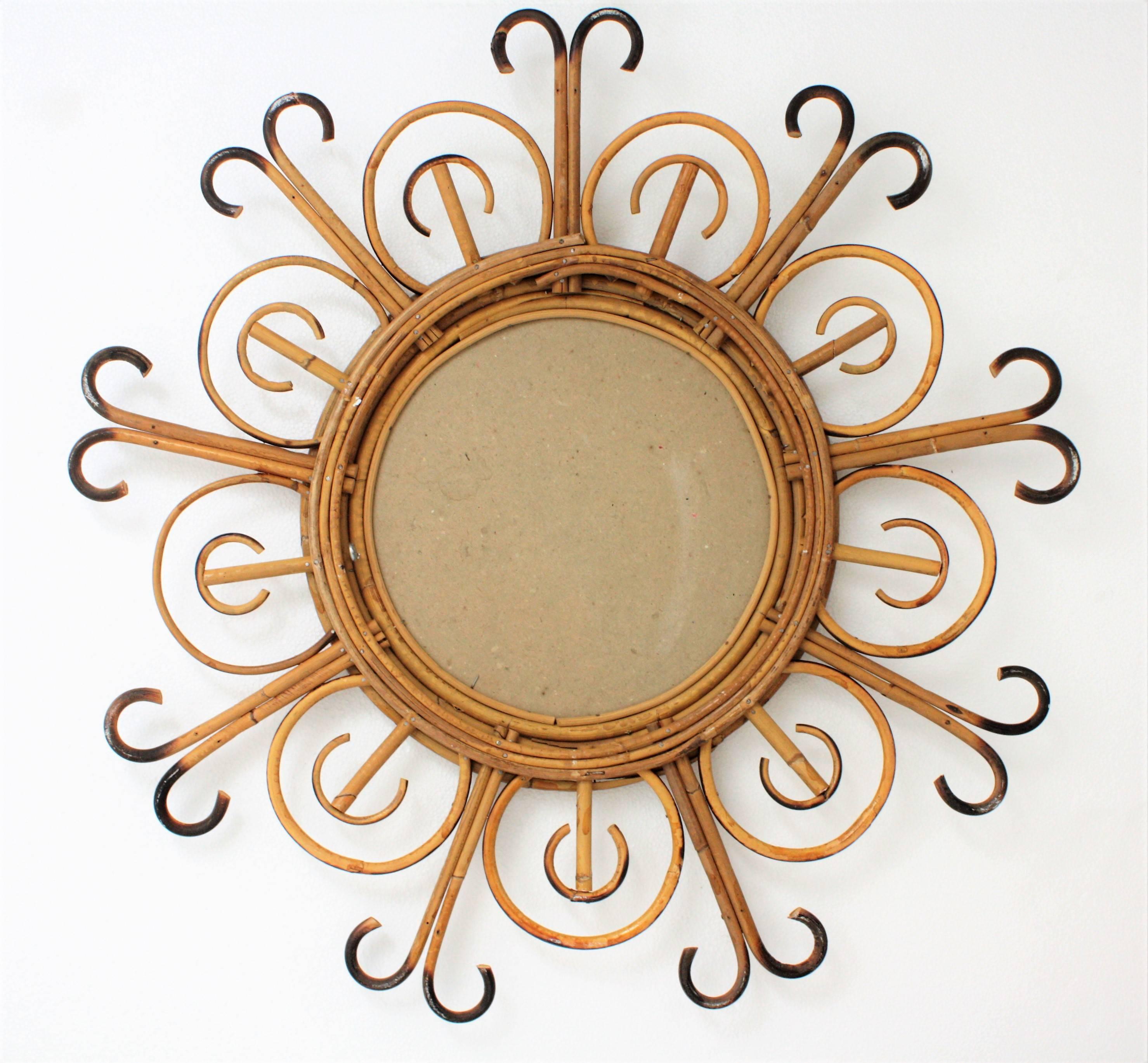 Unusual French Riviera 1950s Bamboo and Rattan Flower Burst Sunburst Mirror 6