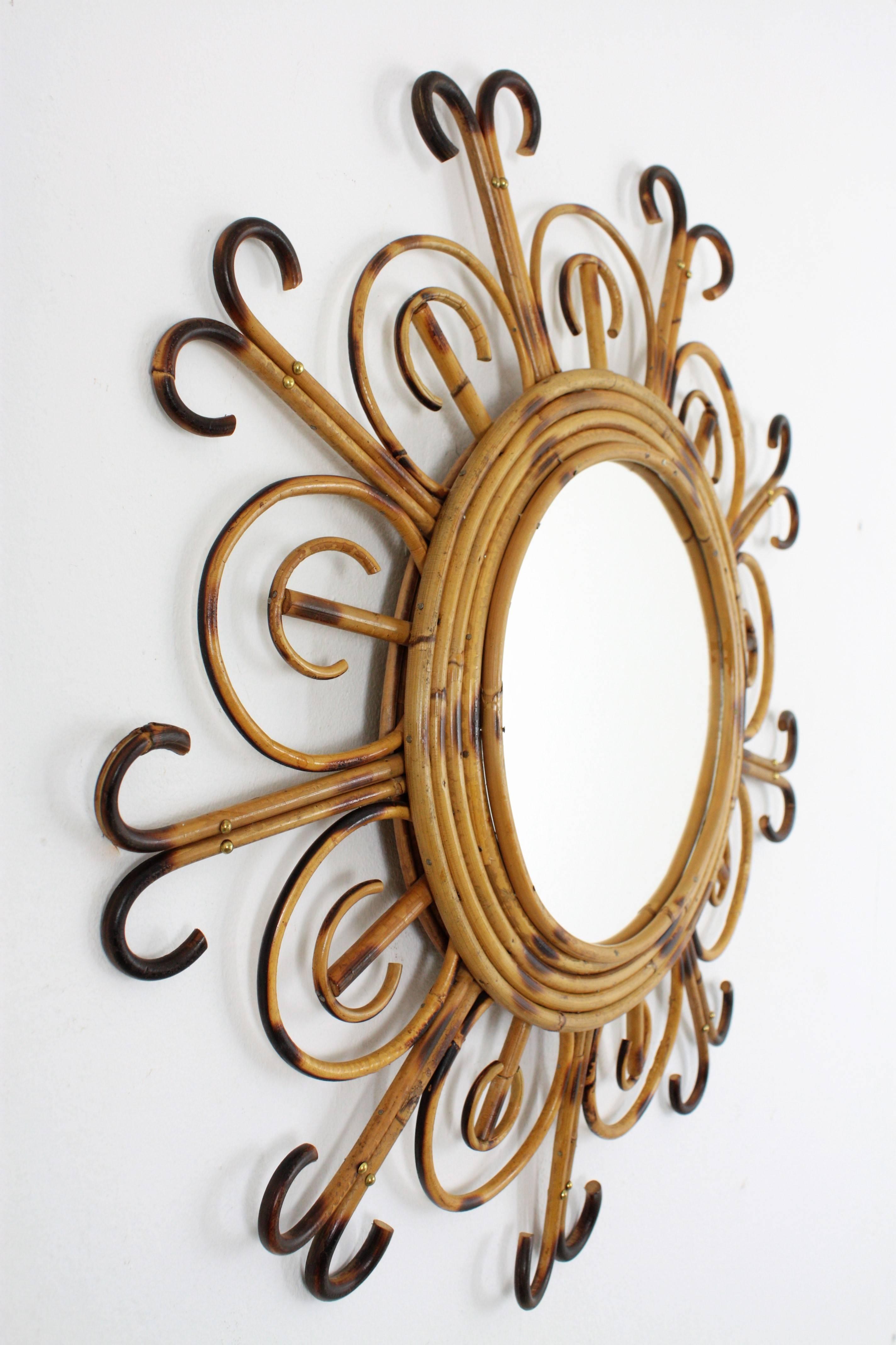 Hand-Crafted Unusual French Riviera 1950s Bamboo and Rattan Flower Burst Sunburst Mirror