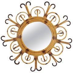 Unusual French Riviera 1950s Bamboo and Rattan Flower Burst Sunburst Mirror