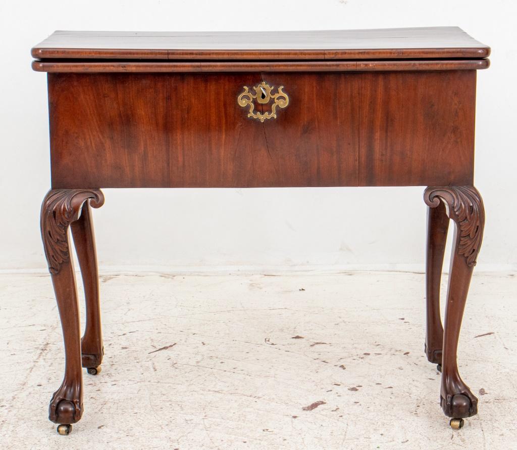 Unusual Georgian Revival harlequin mechanical desk, in the form of a games table with top opening to reveal a spring-mounted interior letter box or cartonnier, the back legs extending to support desk surface; with letter box withdrawn, the table