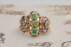 Unusual Georgian Table Cut Emerald and Rose Cut Diamond Gold Ring 18K Gold