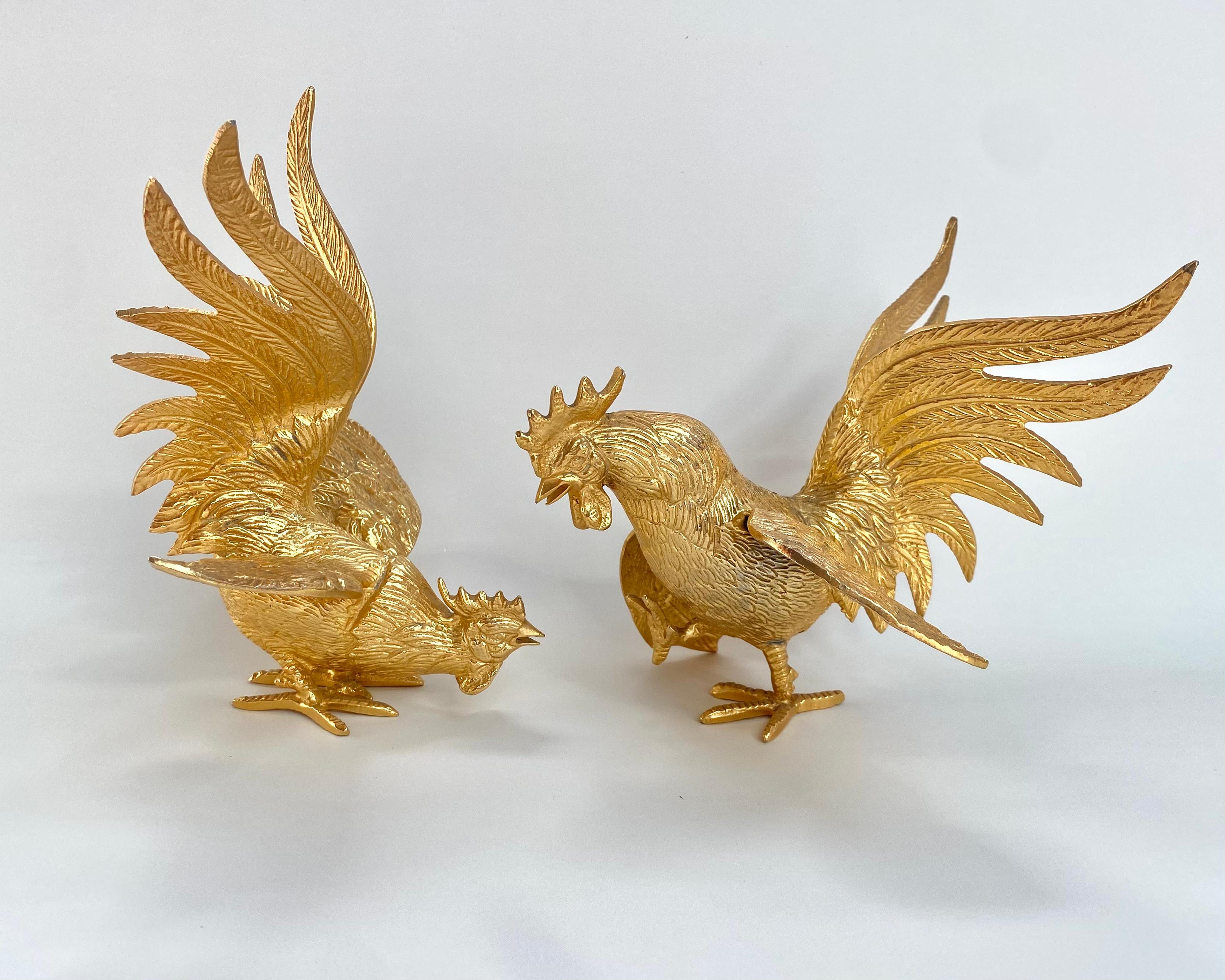 Mid-Century Modern Unusual Gilt Metal Rooster Cock Statuette, Set 2, France, 1960s