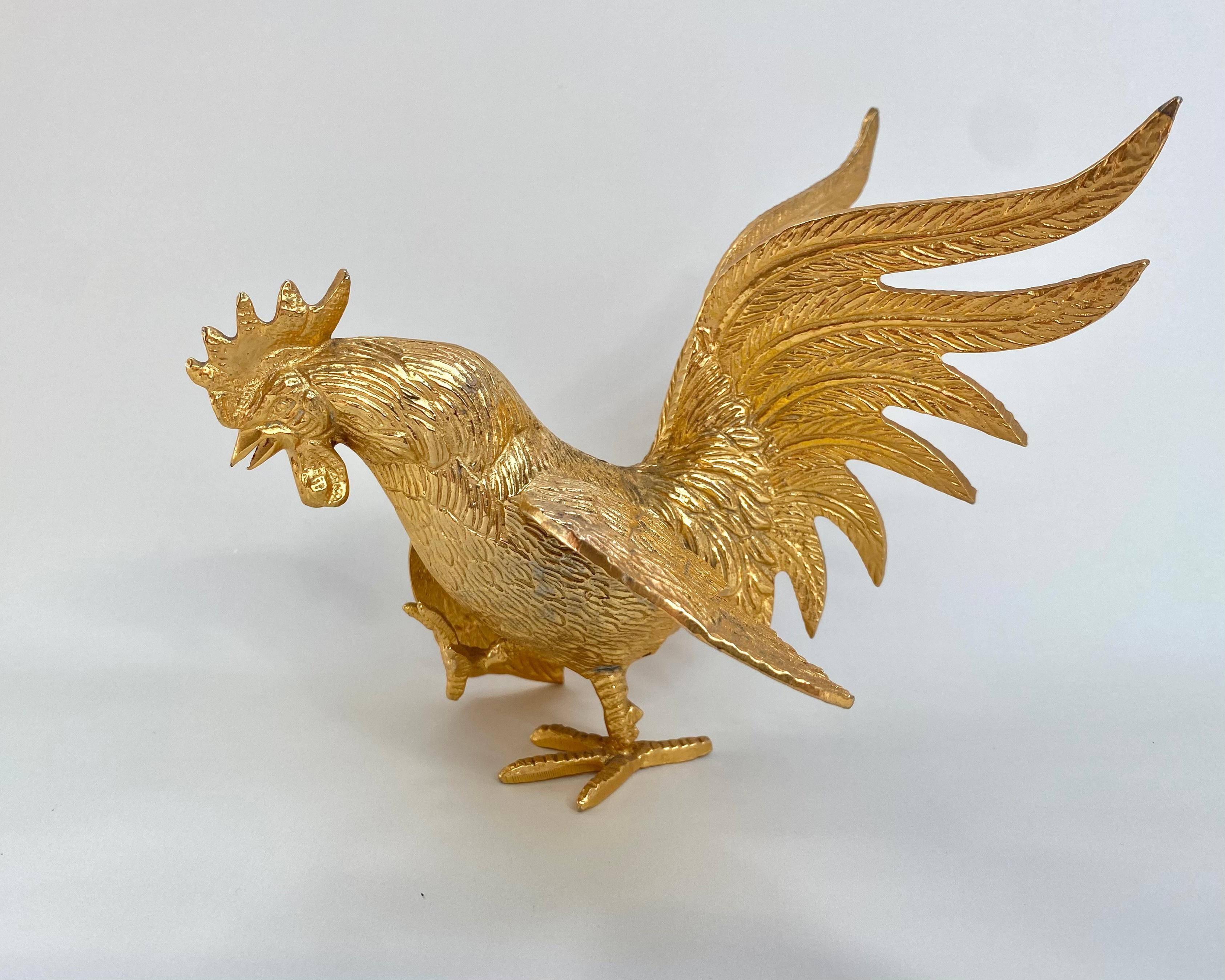 French Unusual Gilt Metal Rooster Cock Statuette, Set 2, France, 1960s
