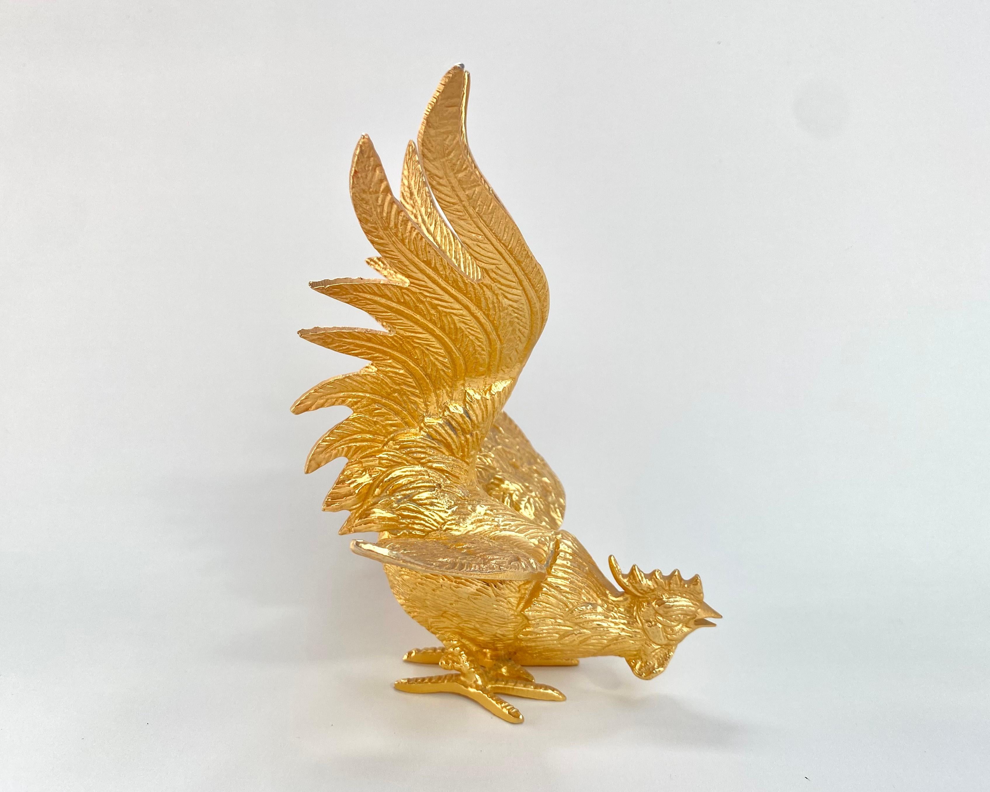 Unusual Gilt Metal Rooster Cock Statuette, Set 2, France, 1960s In Excellent Condition In Bastogne, BE
