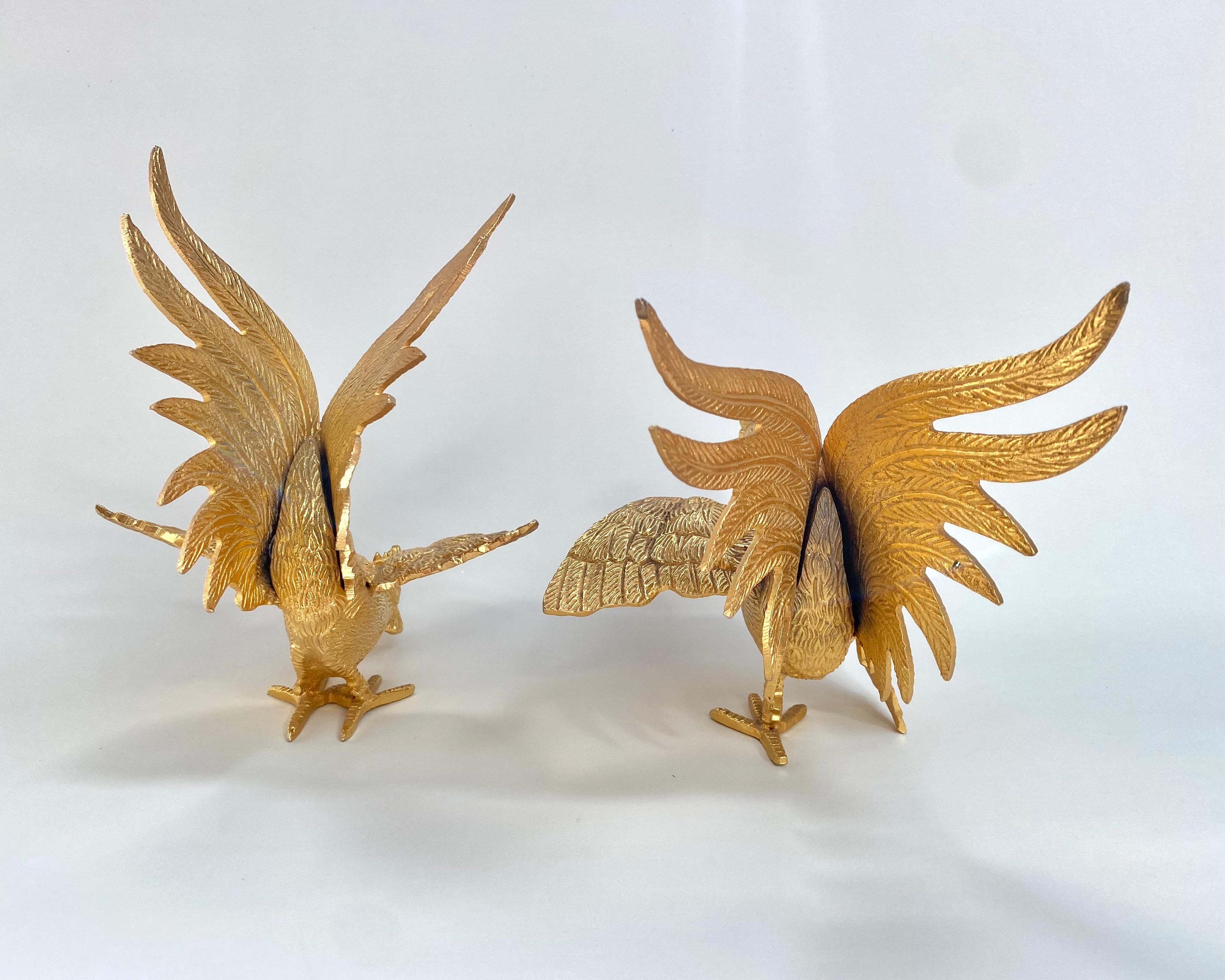 Mid-20th Century Unusual Gilt Metal Rooster Cock Statuette, Set 2, France, 1960s