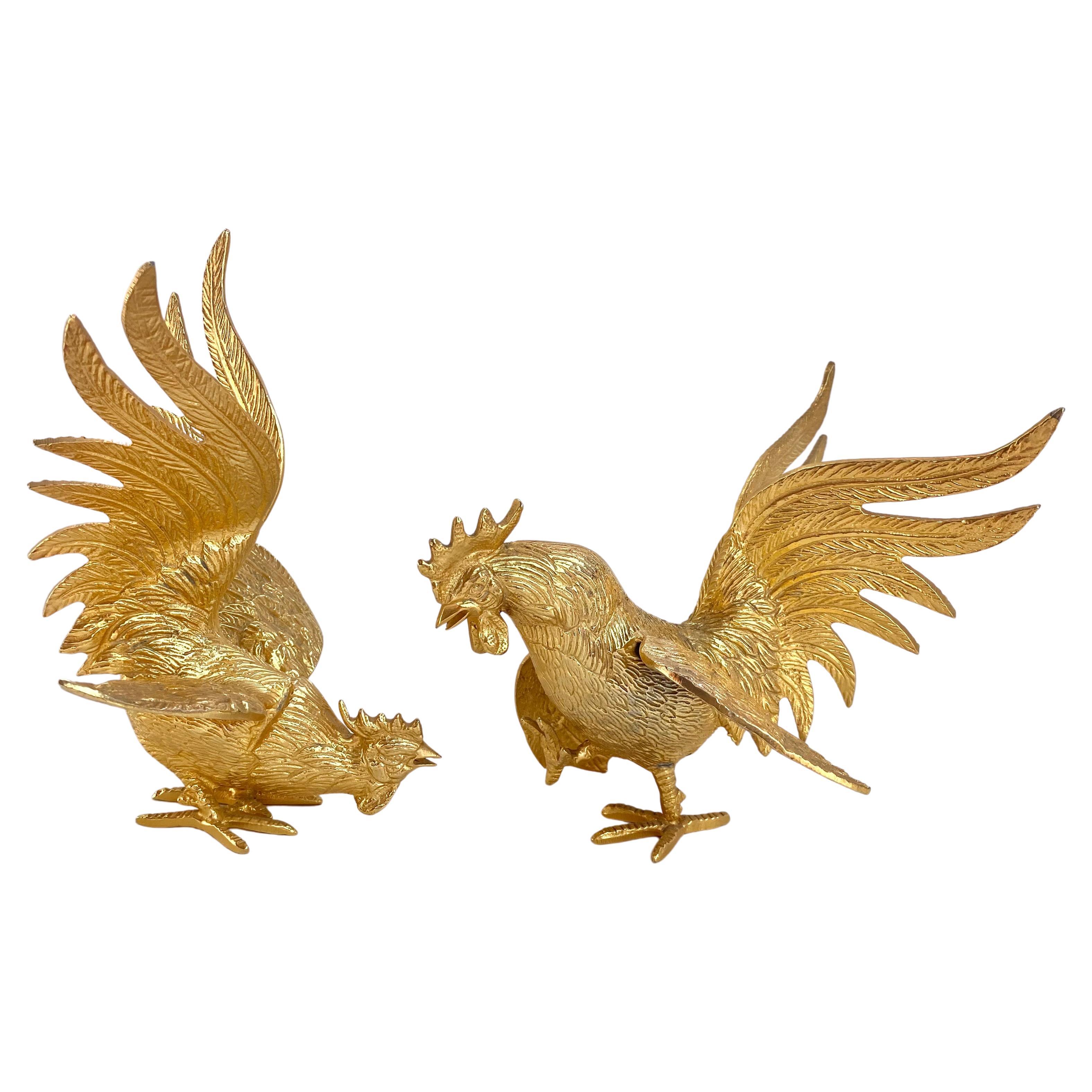 Unusual Gilt Metal Rooster Cock Statuette, Set 2, France, 1960s