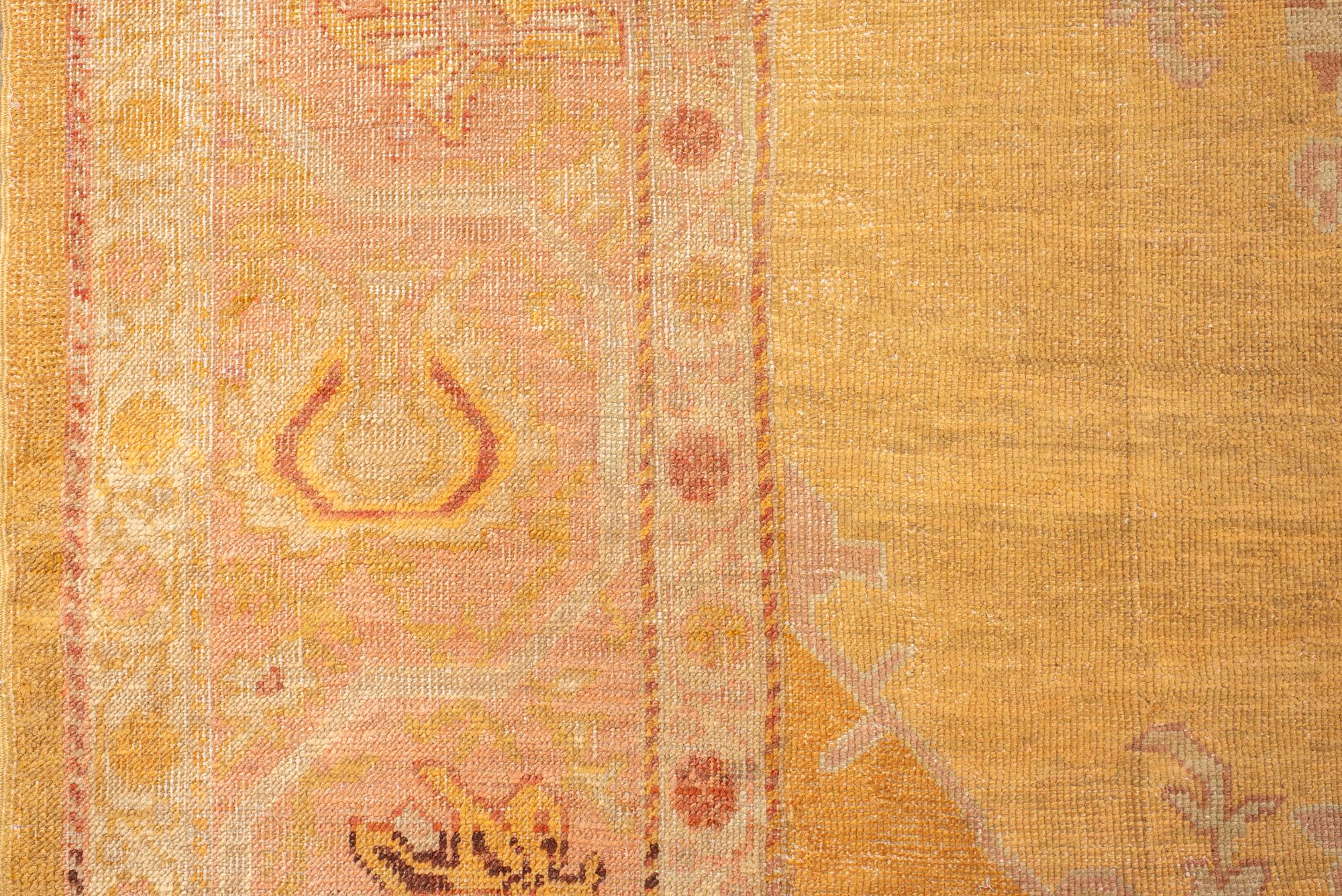 Hand-Knotted Unusual Gold Antique Oushak with Central Medallion For Sale