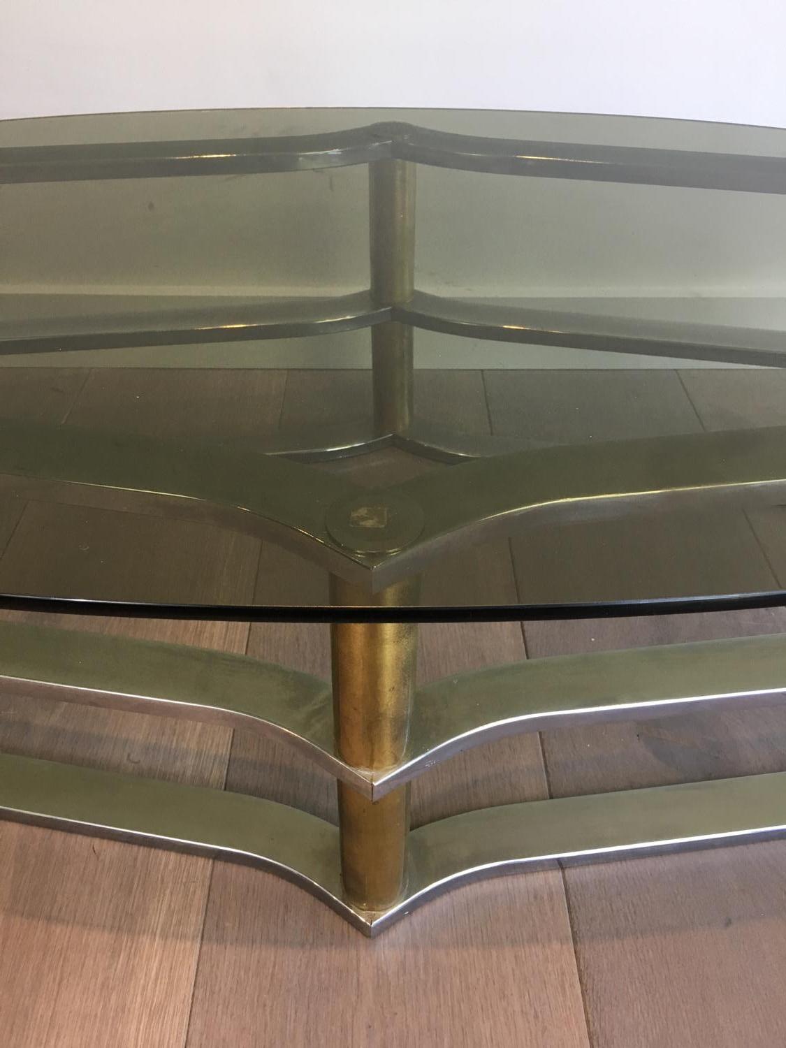 Mid-Century Modern Unusual Gold Gilt Brass and Chrome Design Coffee Table, French, circa 1960 For Sale