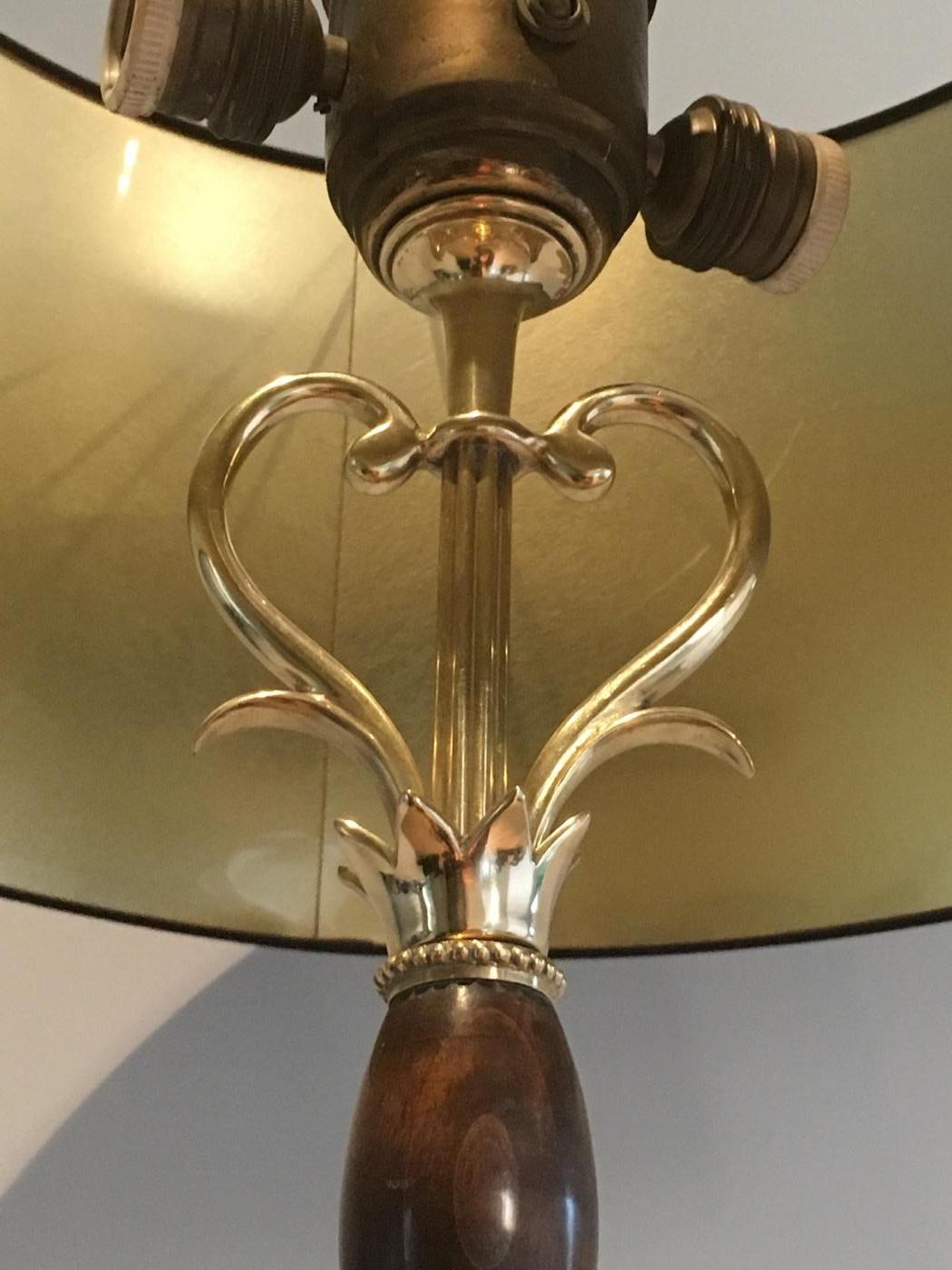 Mid-Century Modern Unusual Gold Gilt Brass and Wood Floor Lamp, French, circa 1940