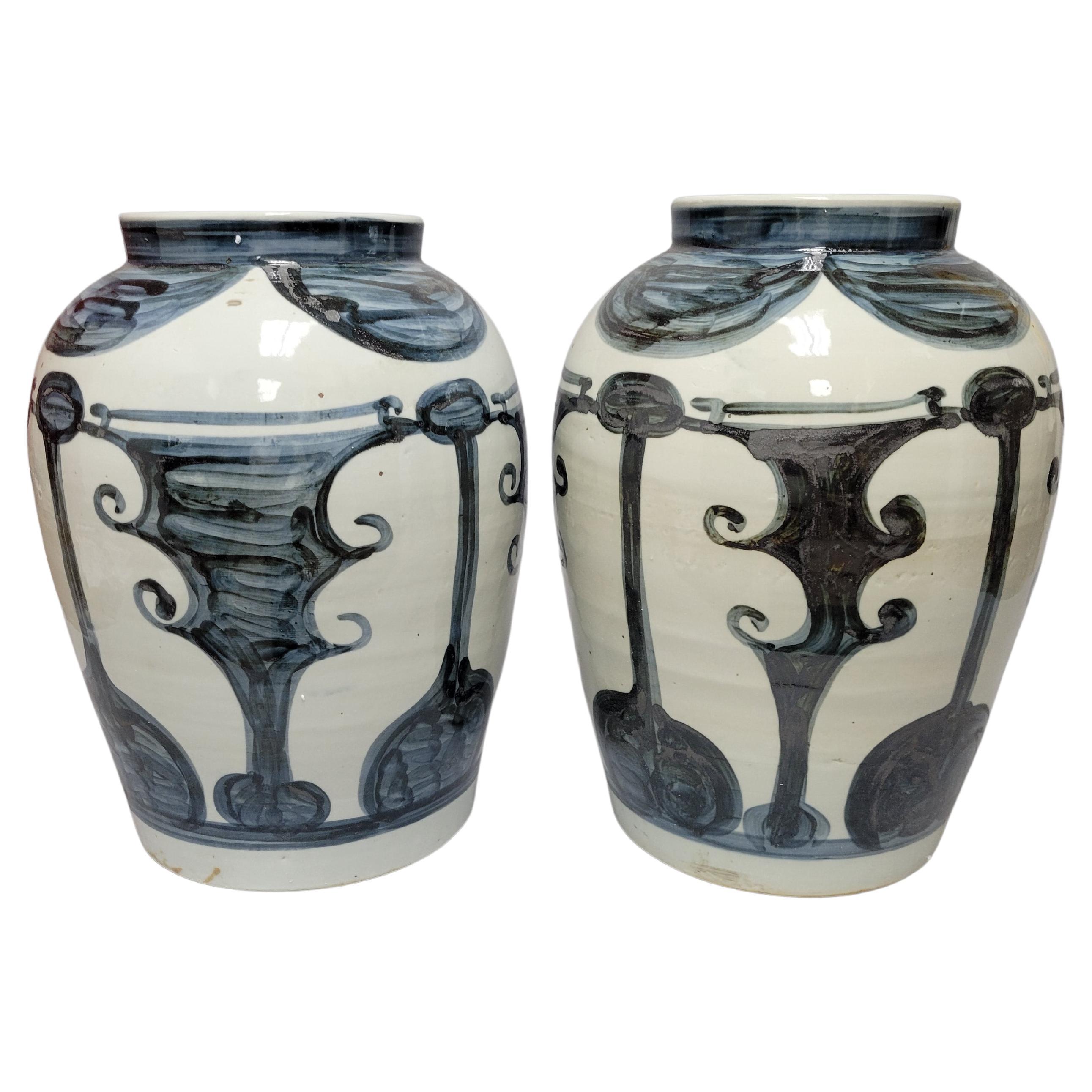 Unusual Graphic Blue & White Vases-A Pair