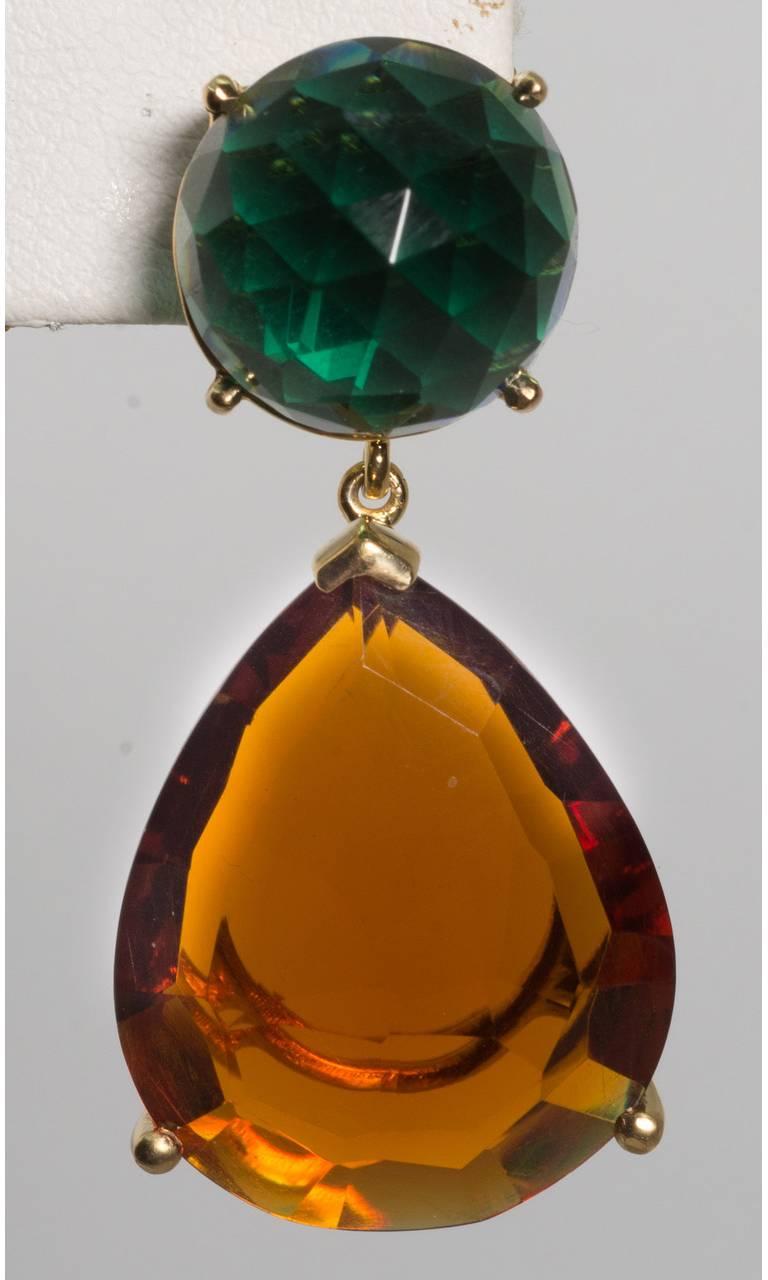 A pair of unusual faceted bombe 12 carat green amethyst each tops suspending golden citrine 18 carats each set in vermeil
 Exquisitely made and unusual. 13/4'' long and 1'' deep including post. Finest hand made New York Atelier jewelry.