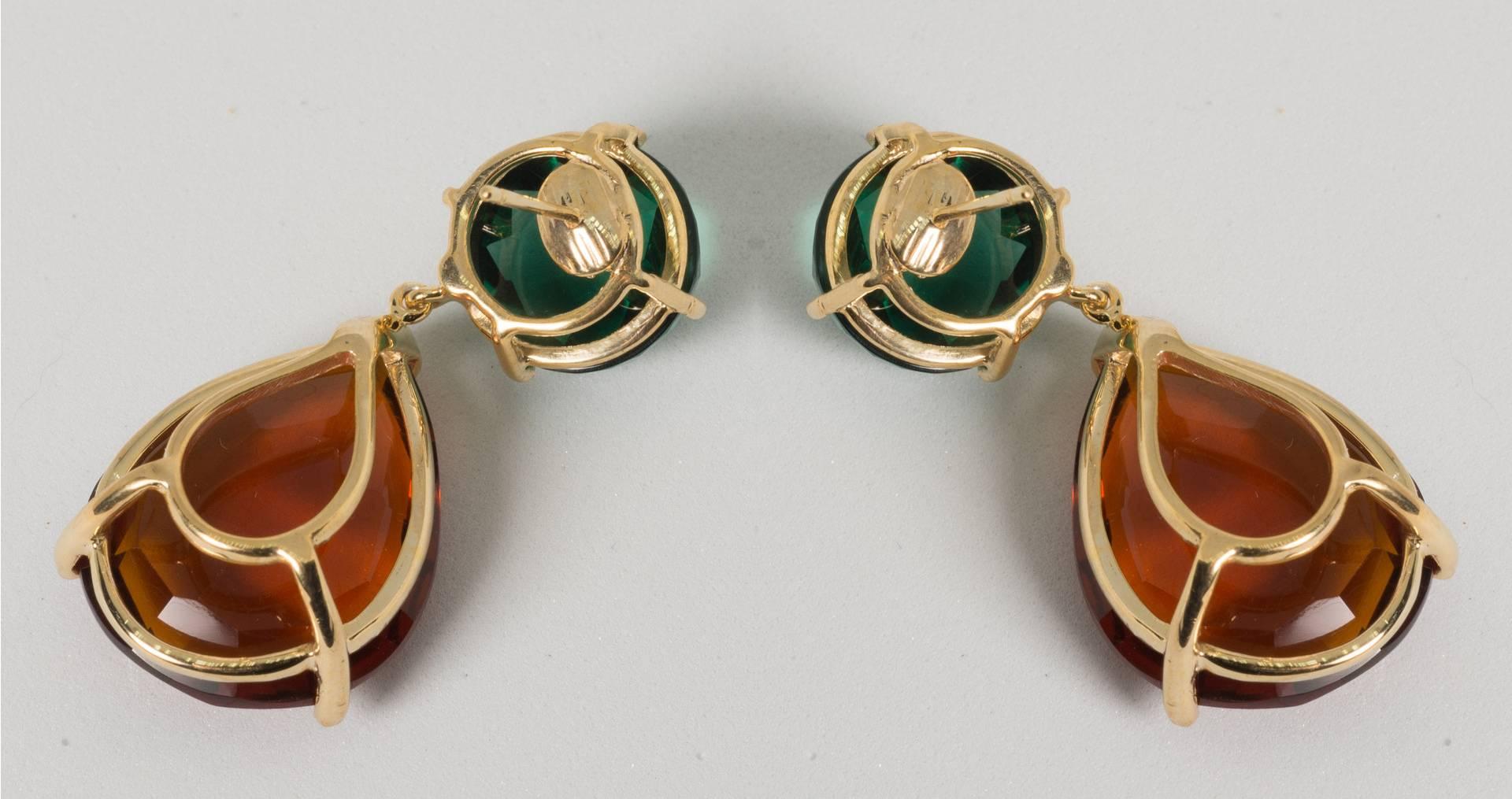 Modern Unusual Green Amethyst and Golden Citrine Drop Earrings