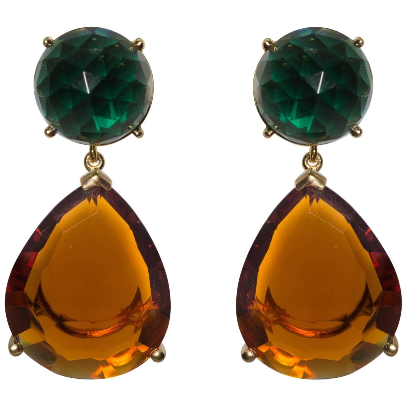 Unusual Green Amethyst and Golden Citrine Drop Earrings