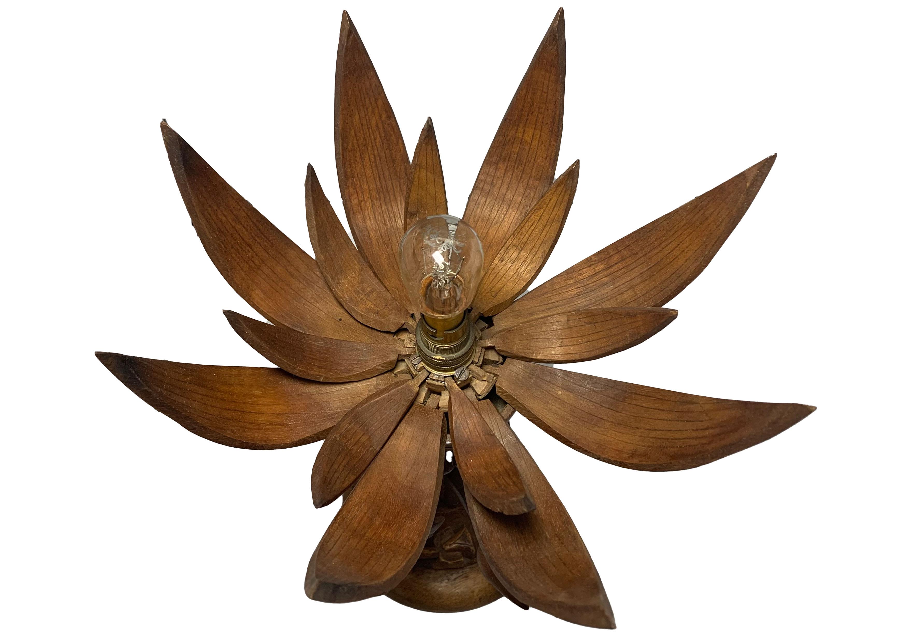 British Unusual Hand Carved Organic Wooden Lotus Flower Table Lamp, Petals Open & Close For Sale