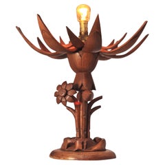 Unusual Hand Carved Organic Wooden Lotus Flower Table Lamp, Petals Open & Close