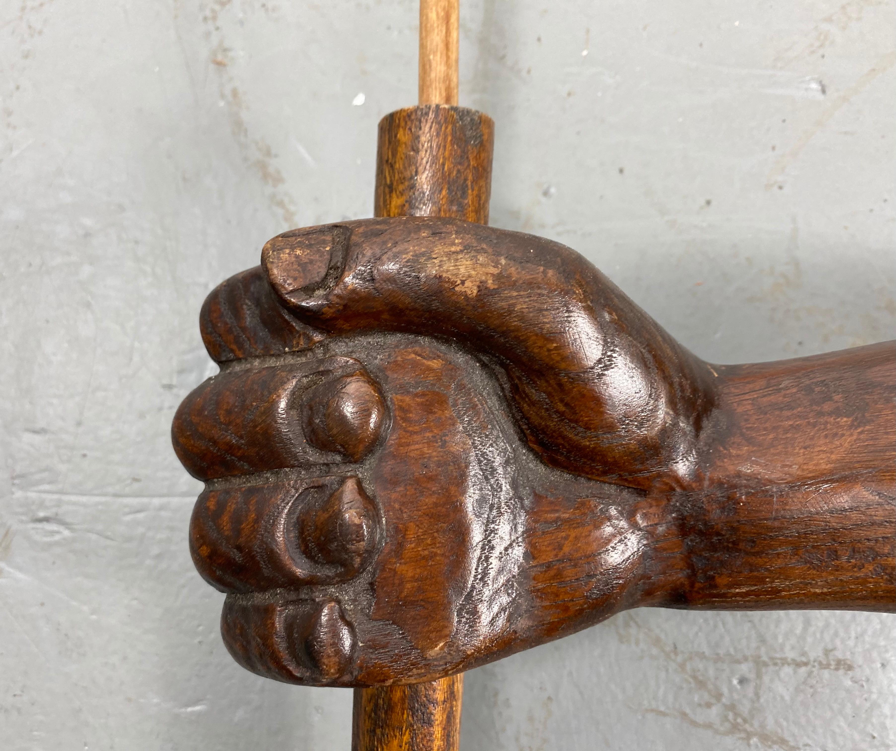 Mid-20th Century Unusual Hand Carved Wooden Arm, Flag Holder with Flag, Veterans Facility