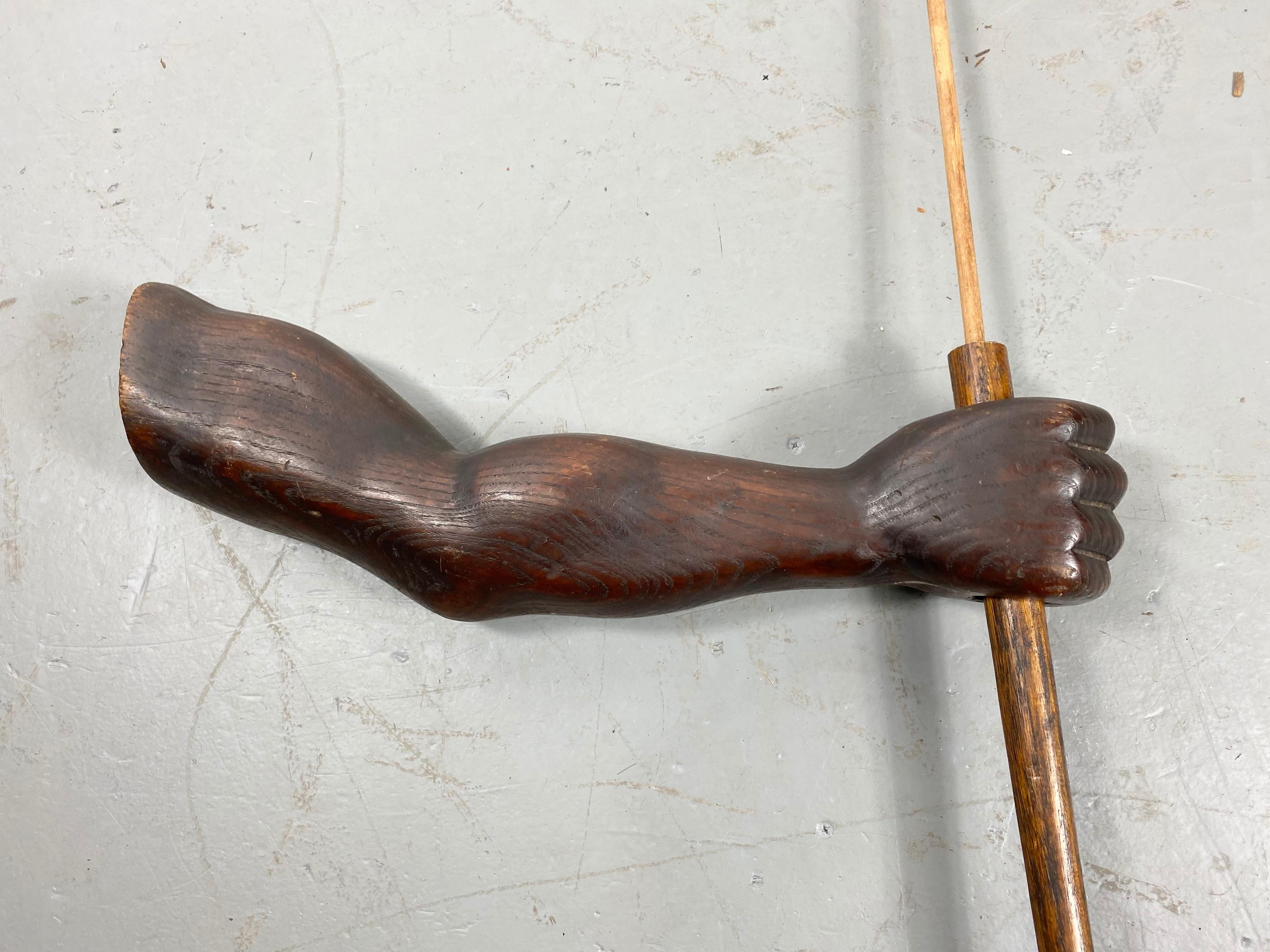 Folk Art Unusual Hand Carved Wooden Arm, Flag Holder with Flag, Veterans Facility