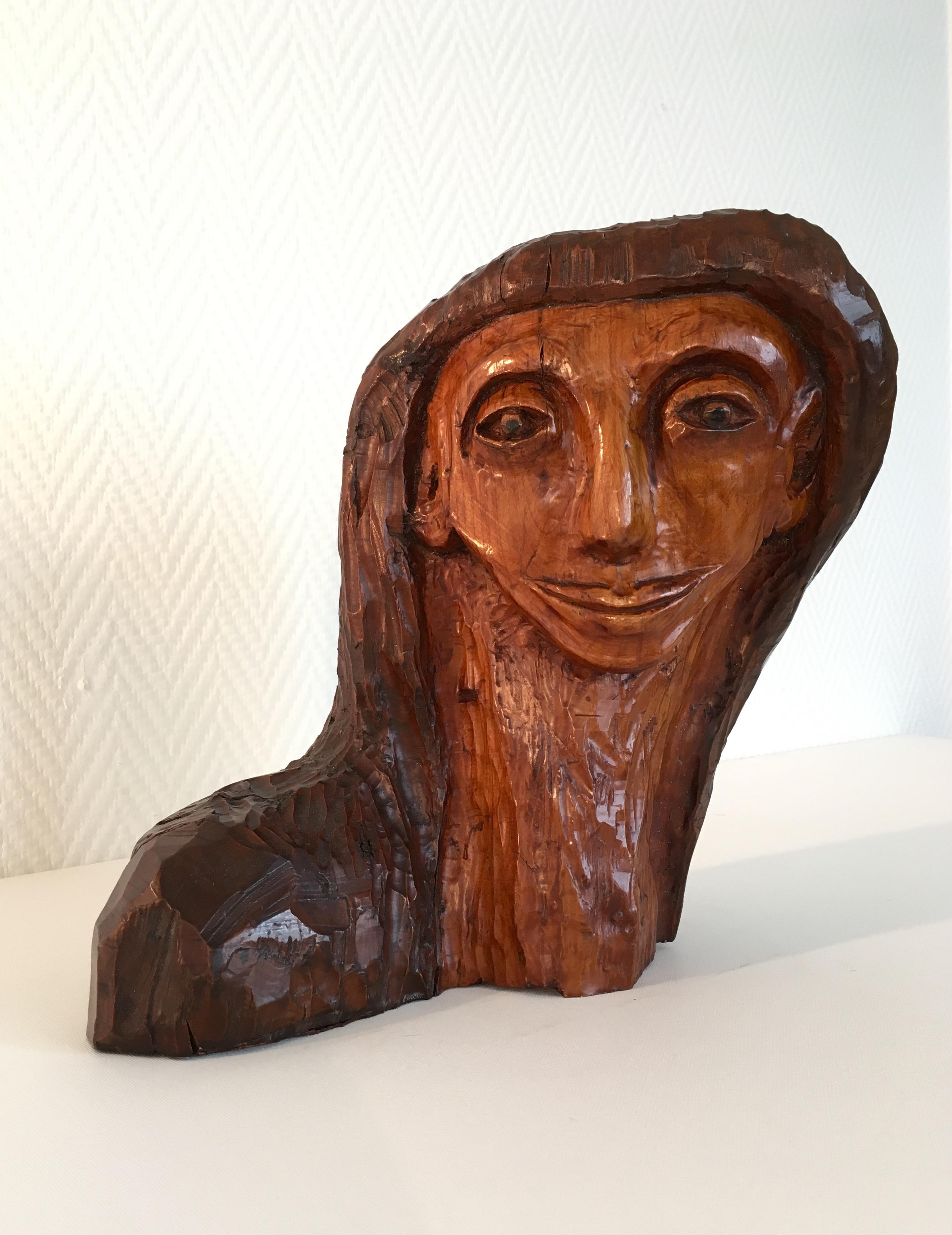 Unknown Unusual, Hand Carved Wooden Sculpture, Woman’s Head For Sale