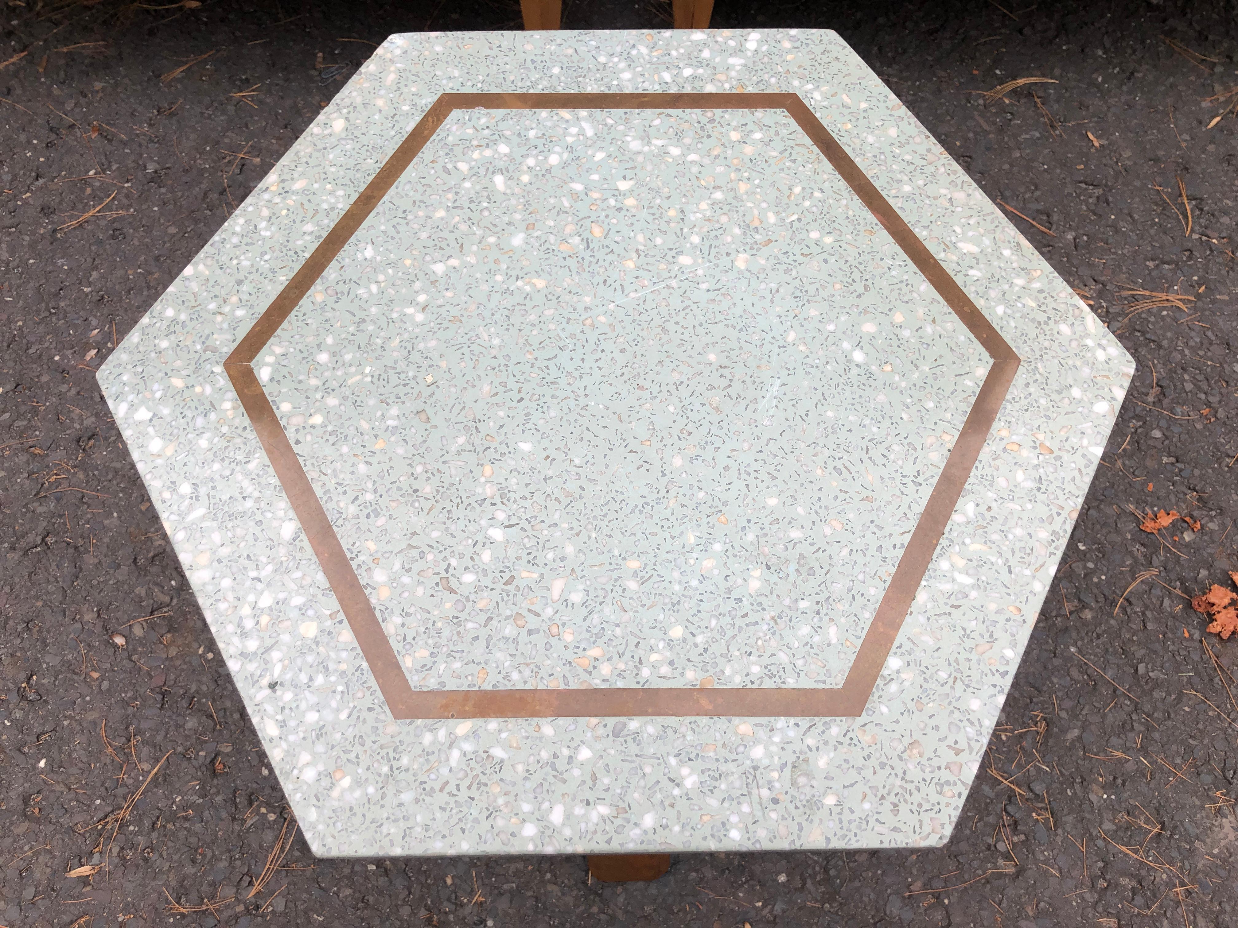 Unusual Harvey Probber light green terrazzo hexagon top side table.  We have had plenty of these wonderful  Probber side tables but we have never had on with a celery green terrazzo top.  I just love the soft green with the bronze band inlay.  This