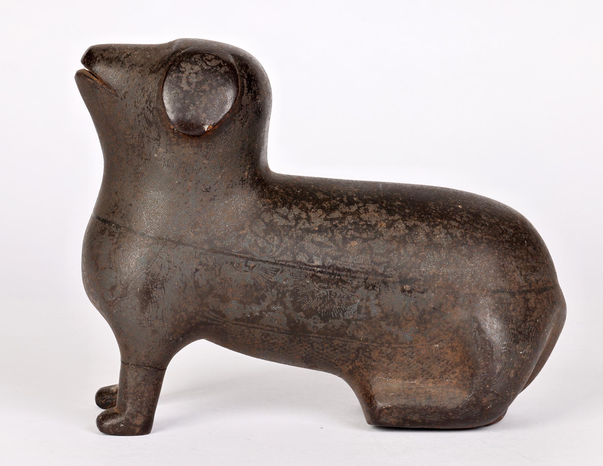 Unusual Indian Khond Attributed Stylized Patinated Metal Seated Dog Figure For Sale 6
