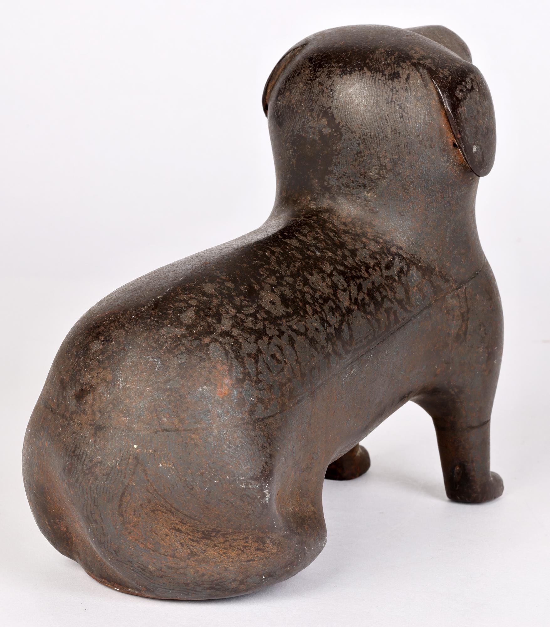 Unusual Indian Khond Attributed Stylized Patinated Metal Seated Dog Figure For Sale 7