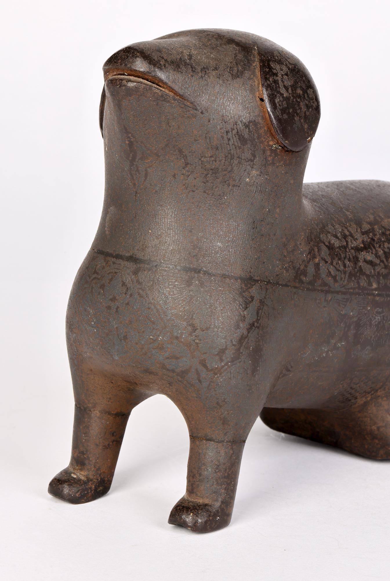 Unusual Indian Khond Attributed Stylized Patinated Metal Seated Dog Figure For Sale 2