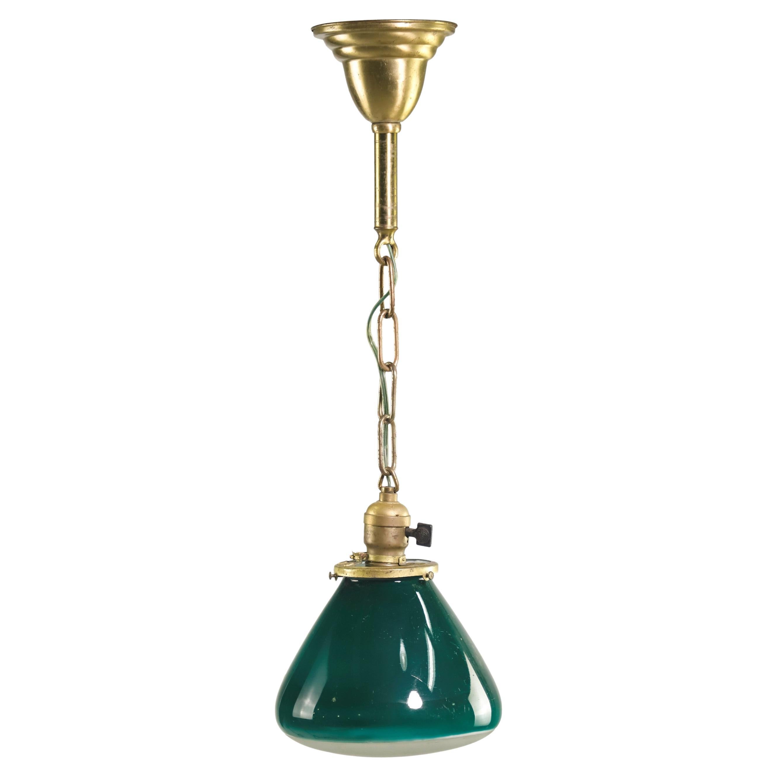 Unusual Industrial Green Glass Globe Brass Pendant Light