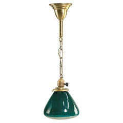 Unusual Industrial Green Glass Globe Brass Pendant Light