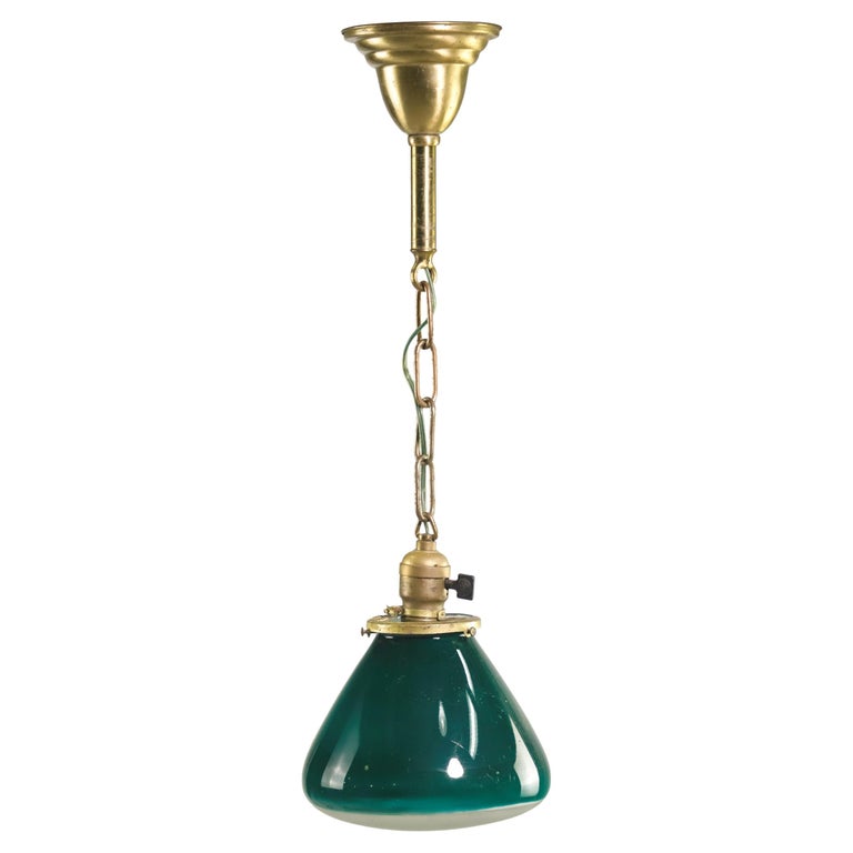 Unusual Industrial Green Glass Globe Brass Pendant Light For Sale at 1stDibs