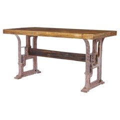 Vintage Unusual Industrial Iron and Teak Work Table