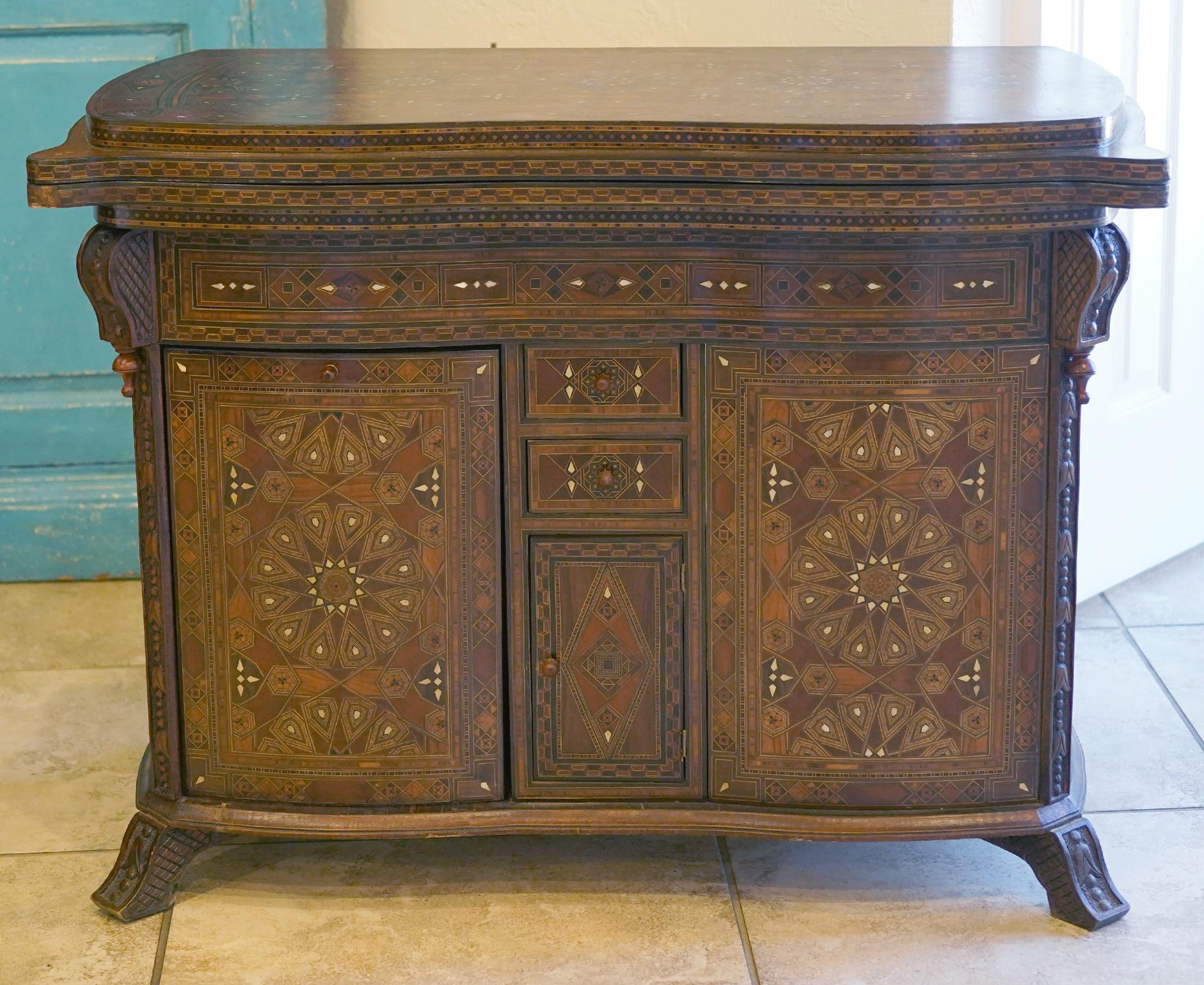 Unusual Inlaid Syrian Game Table w/ Backgammon, Chess, Card and Pullout Seat For Sale 12