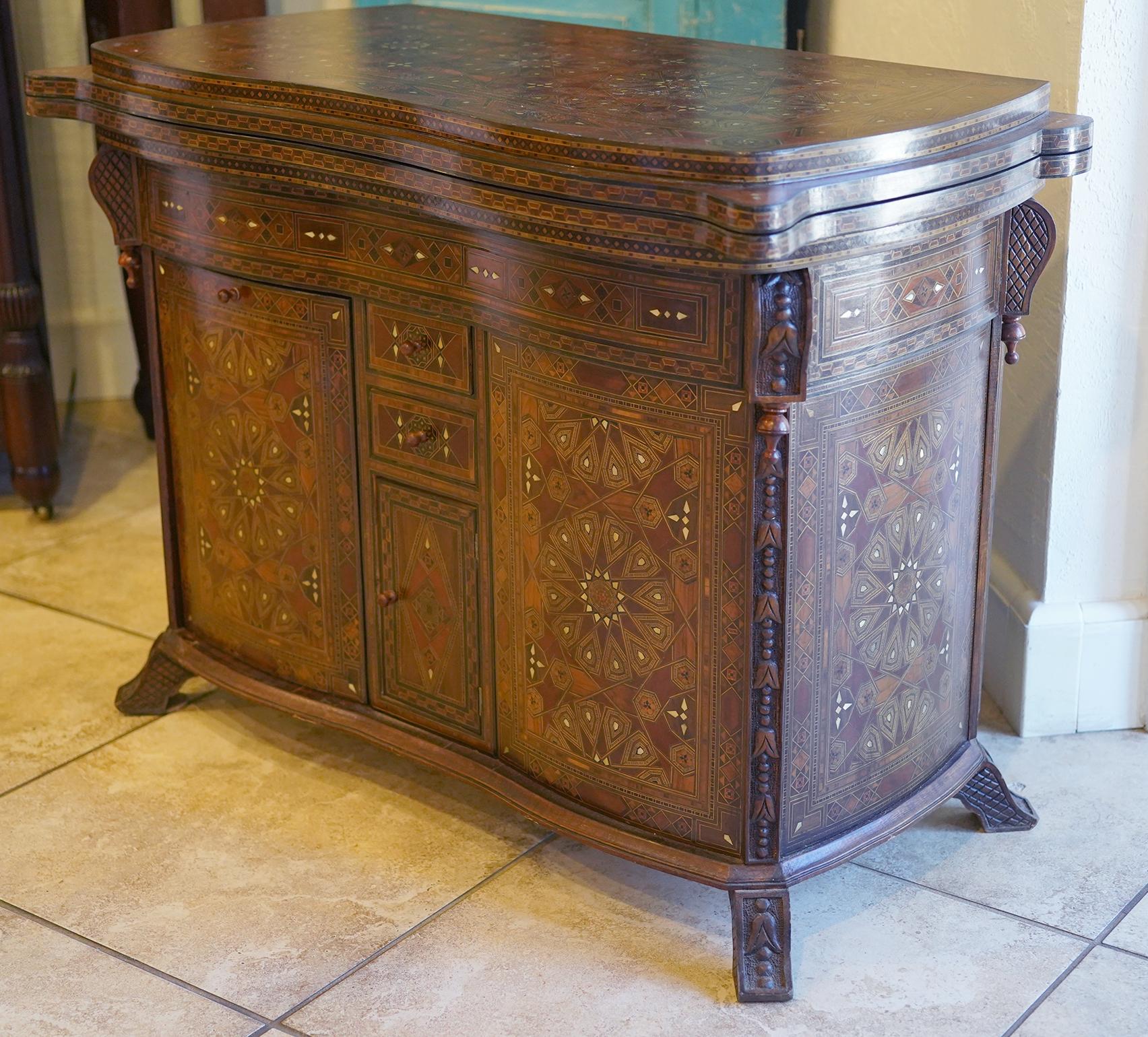 Unusual Inlaid Syrian Game Table w/ Backgammon, Chess, Card and Pullout Seat For Sale 13