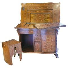 Unusual Inlaid Syrian Game Table w/ Backgammon, Chess, Card and Pullout Seat