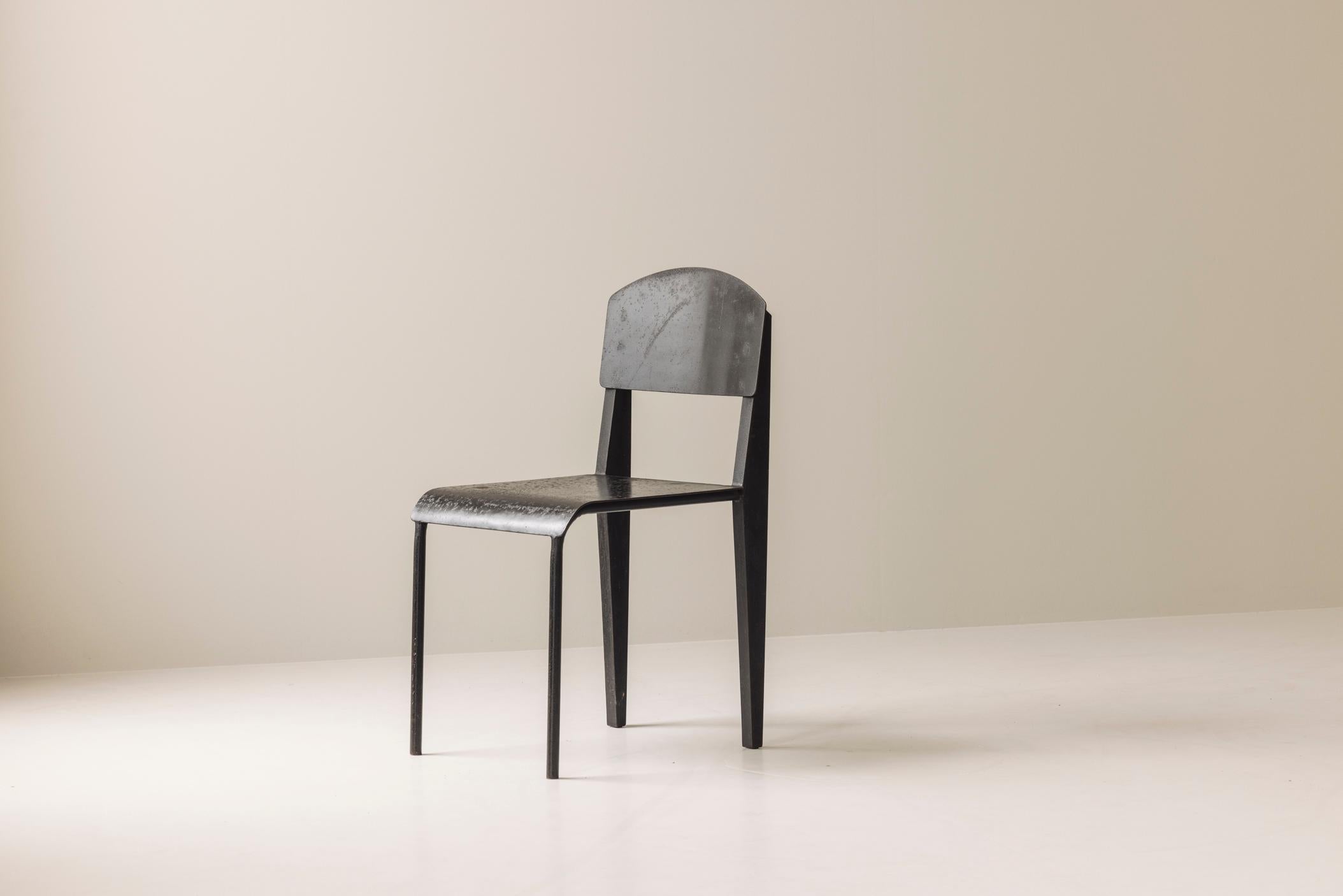 A striking and highly unusual interpretation of the iconic ‘Métropole’ chair, originally designed by Jean Prouvé in the 1950s. This unique piece stands out for being entirely constructed from metal—a material configuration never produced by Prouvé