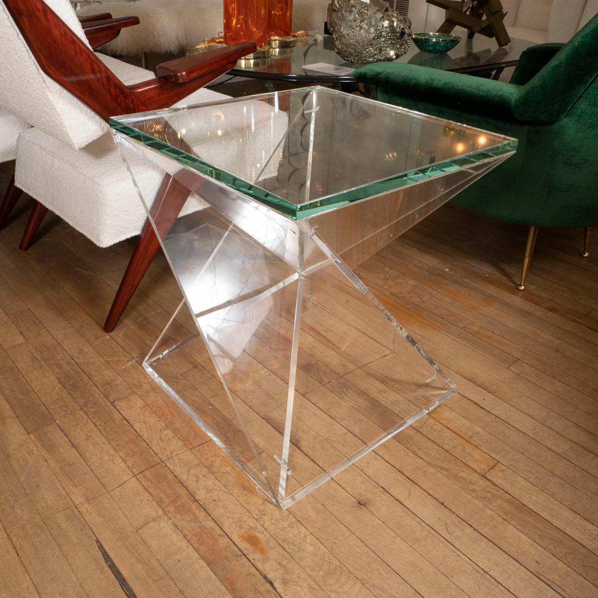 Unusual intersecting Lucite and glass side table.
