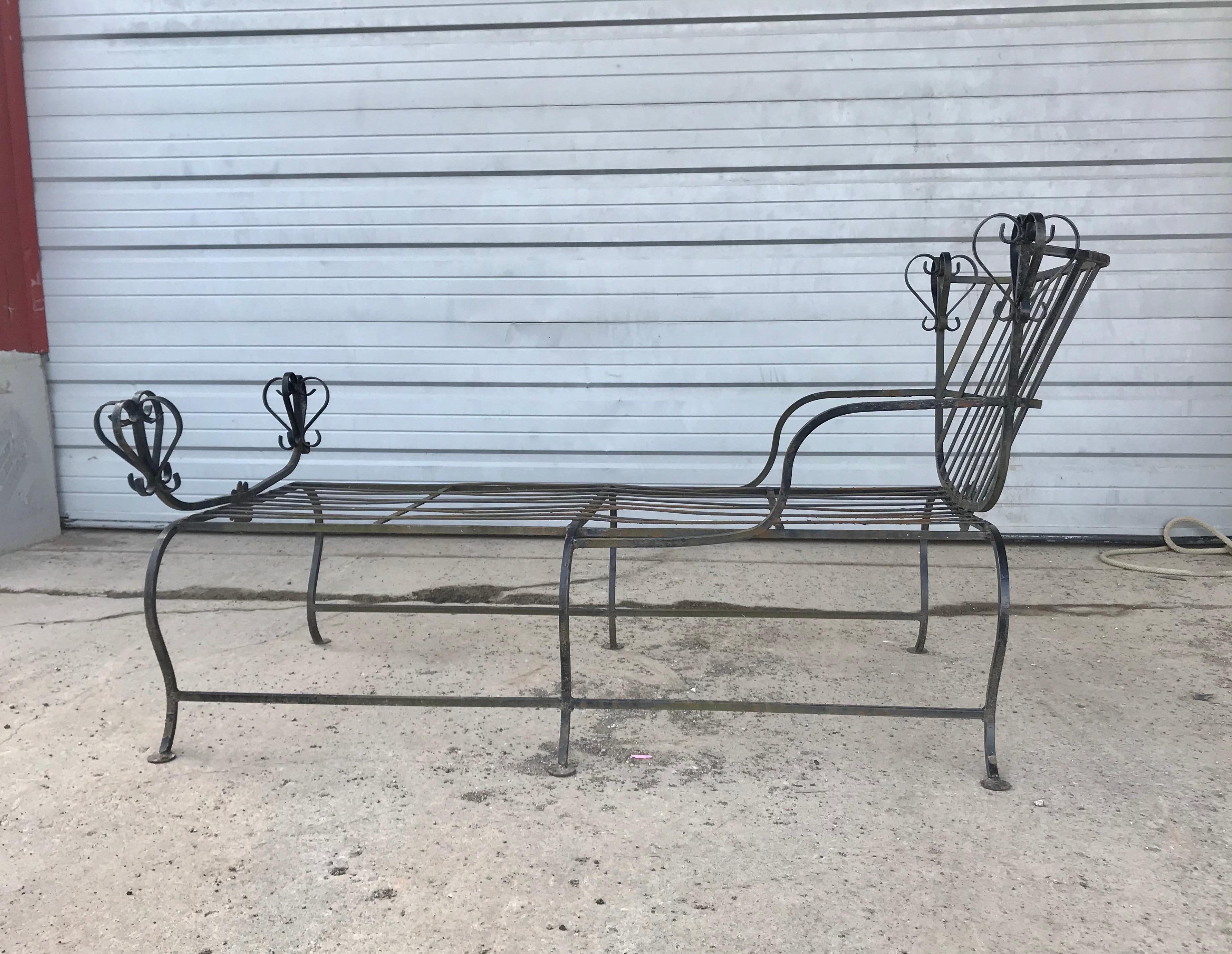 Unusual Iron Chaise Lounge ,custom made c.1950s. Savonarola Style.indoor /outdoor,, Matching chairs available ..Please check other listings,, Hand delivery avail to New York City or anywhere en route from Buffalo NY,,, mAtching chairs appearing in