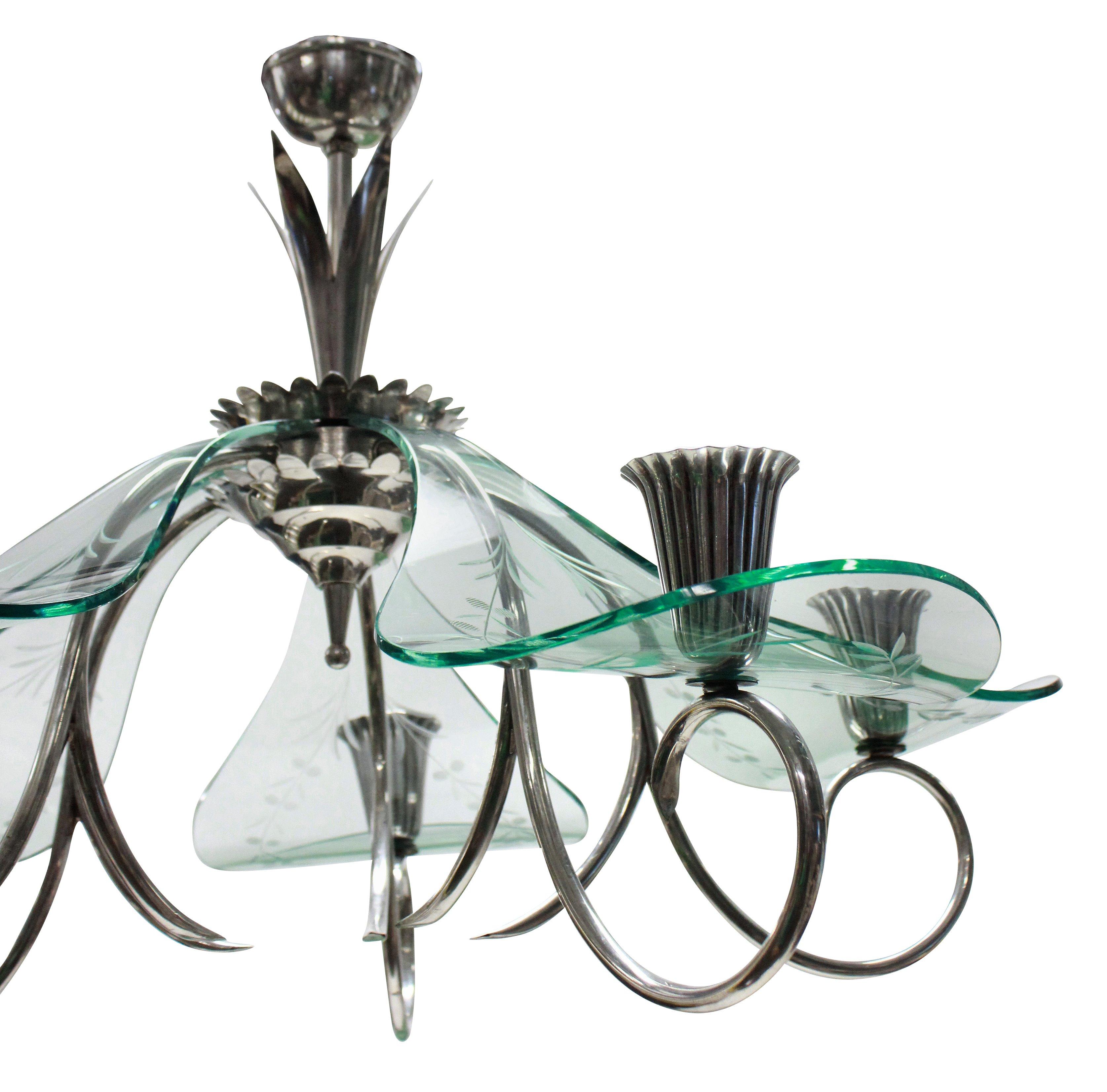 An Italian chandelier of unusual florid design, in silver plate with curved glass 'petals'.

