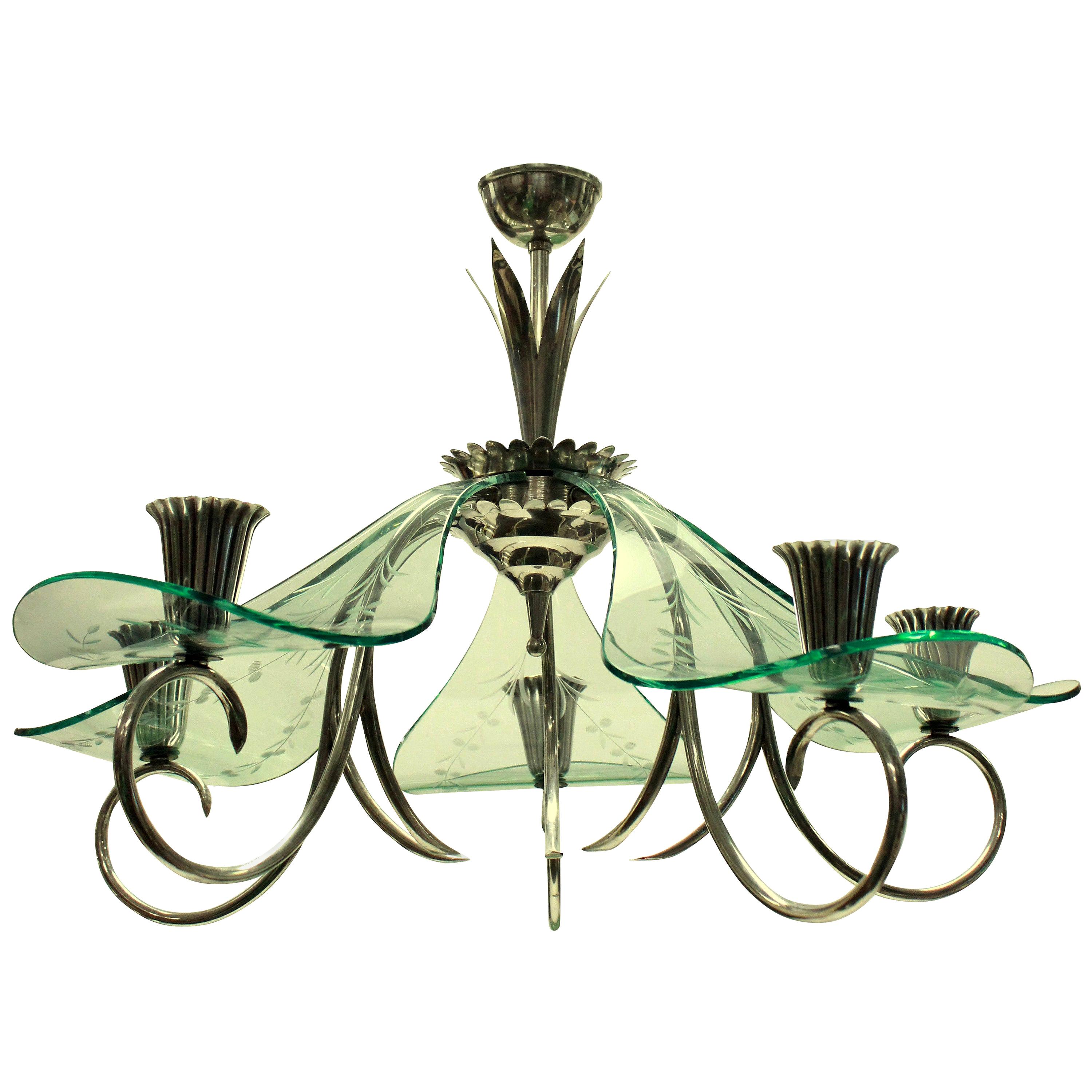 Unusual Italian Chandelier in Silver and Glass