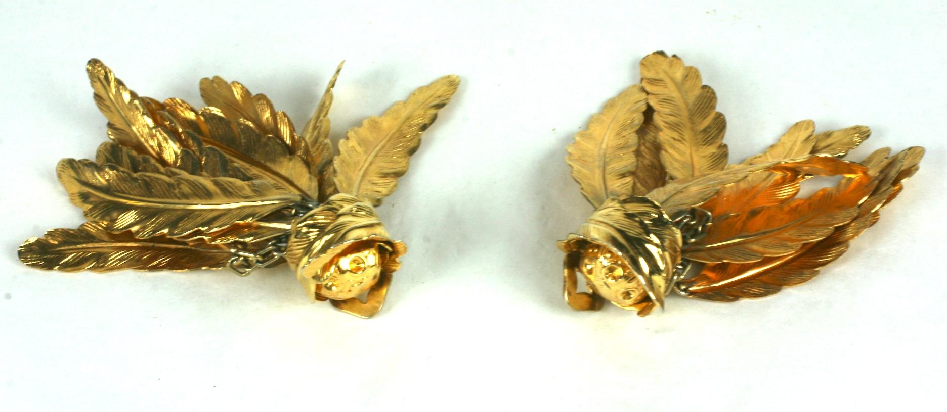 Unusual Italian Gilt Feather Earrings For Sale 1