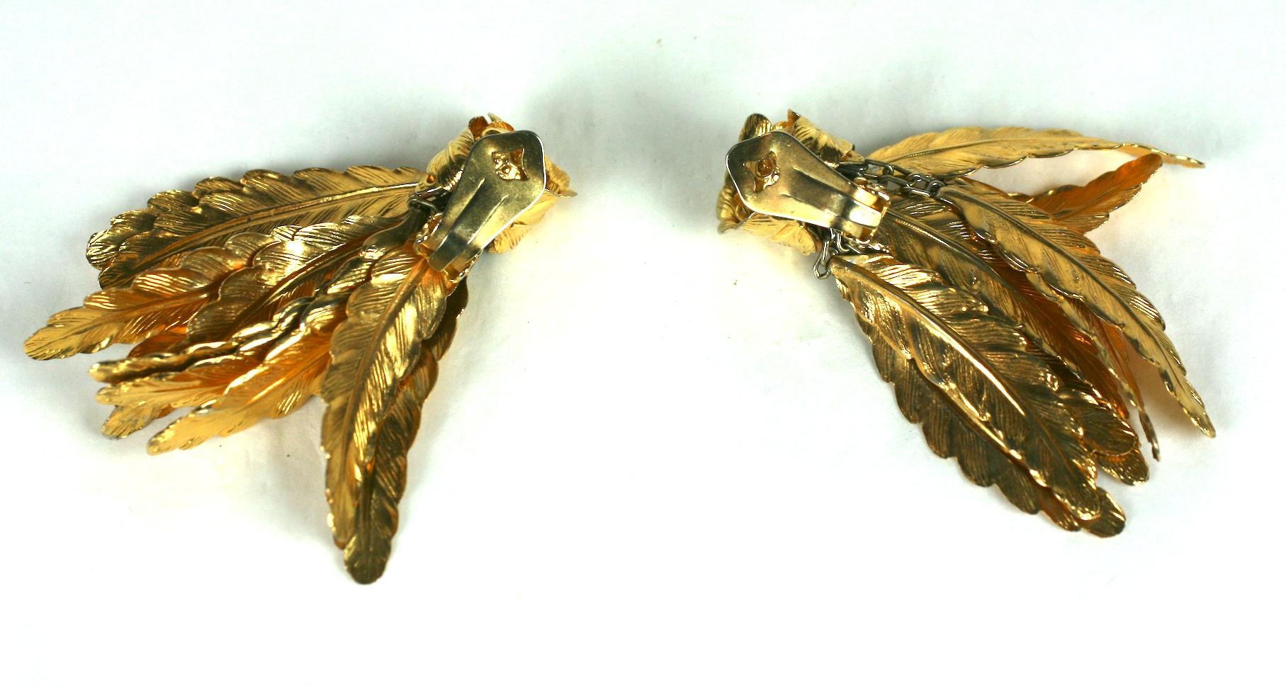Unusual Italian Gilt Feather Earrings For Sale 2